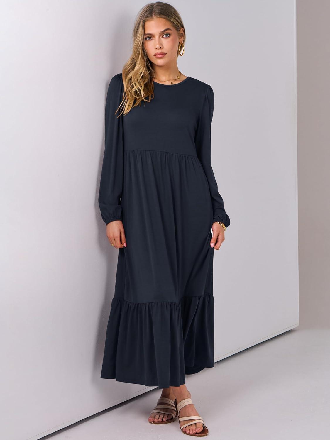 imageANRABESS Long Sleeve Midi Dresses for Women Casual 2025 Fall Crewneck A Line Tiered Flowy Loose Trendy Dresses with PocketsDark Navy Blue