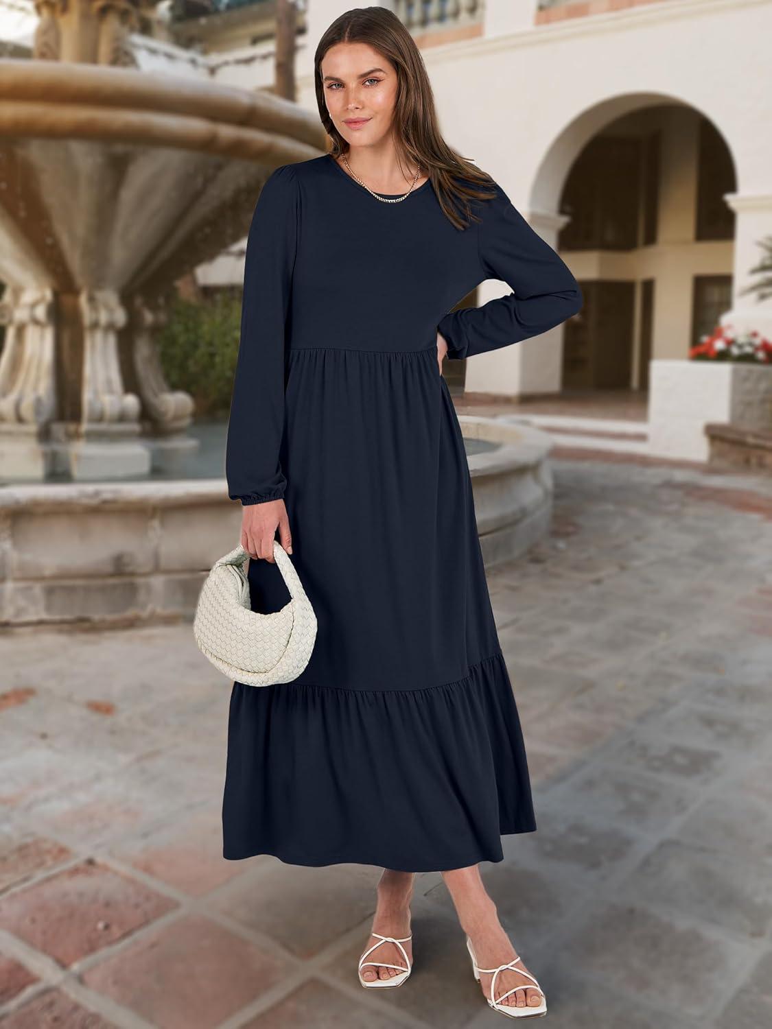imageANRABESS Long Sleeve Midi Dresses for Women Casual 2025 Fall Crewneck A Line Tiered Flowy Loose Trendy Dresses with PocketsDark Navy Blue