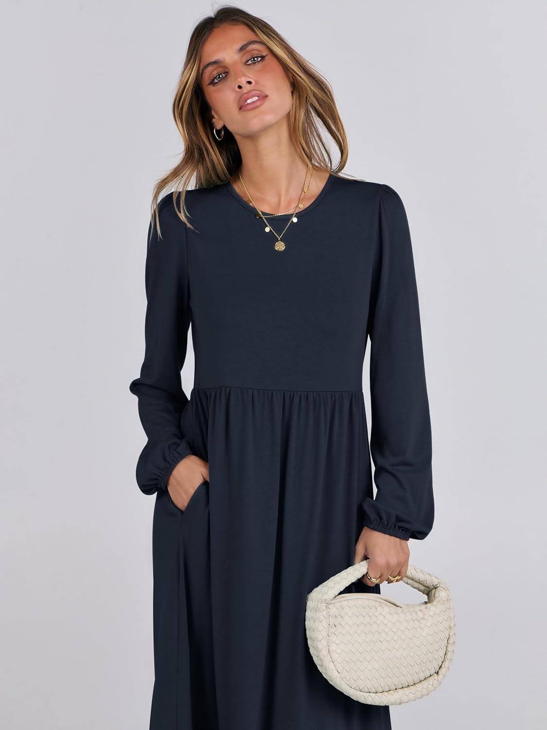 imageANRABESS Long Sleeve Midi Dresses for Women Casual 2025 Fall Crewneck A Line Tiered Flowy Loose Trendy Dresses with PocketsDark Navy Blue
