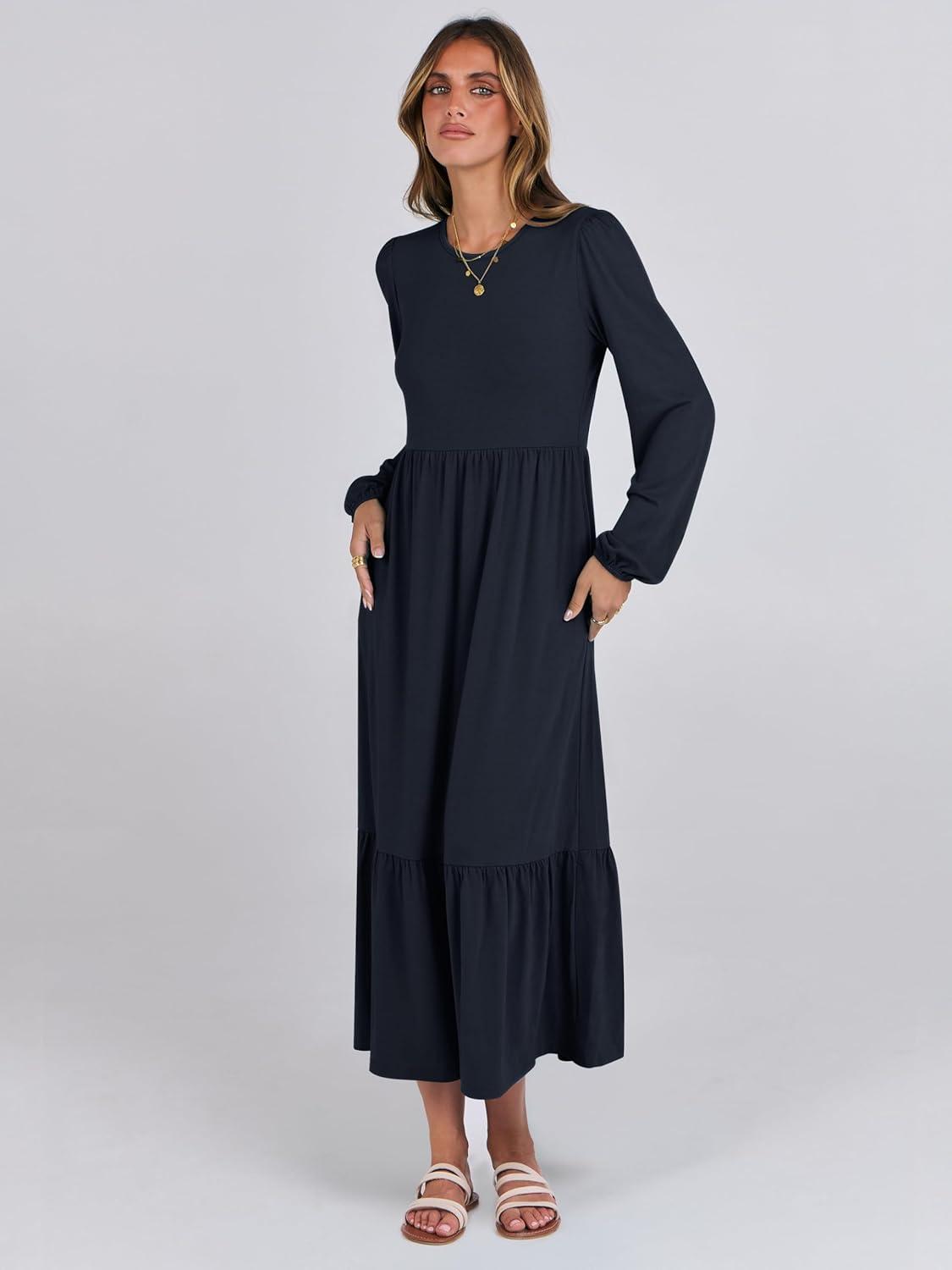 imageANRABESS Long Sleeve Midi Dresses for Women Casual 2025 Fall Crewneck A Line Tiered Flowy Loose Trendy Dresses with PocketsDark Navy Blue