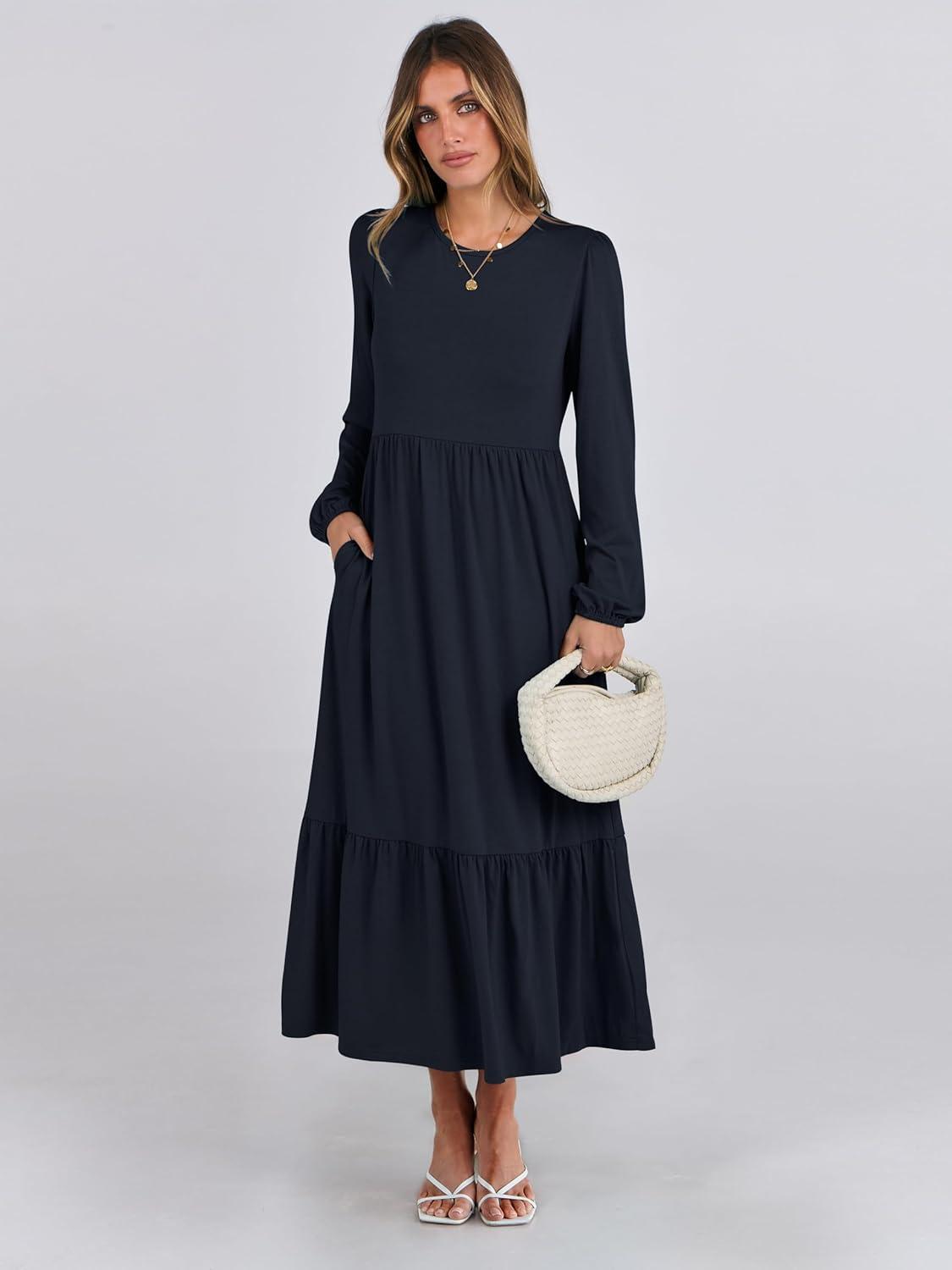 imageANRABESS Long Sleeve Midi Dresses for Women Casual 2025 Fall Crewneck A Line Tiered Flowy Loose Trendy Dresses with PocketsDark Navy Blue