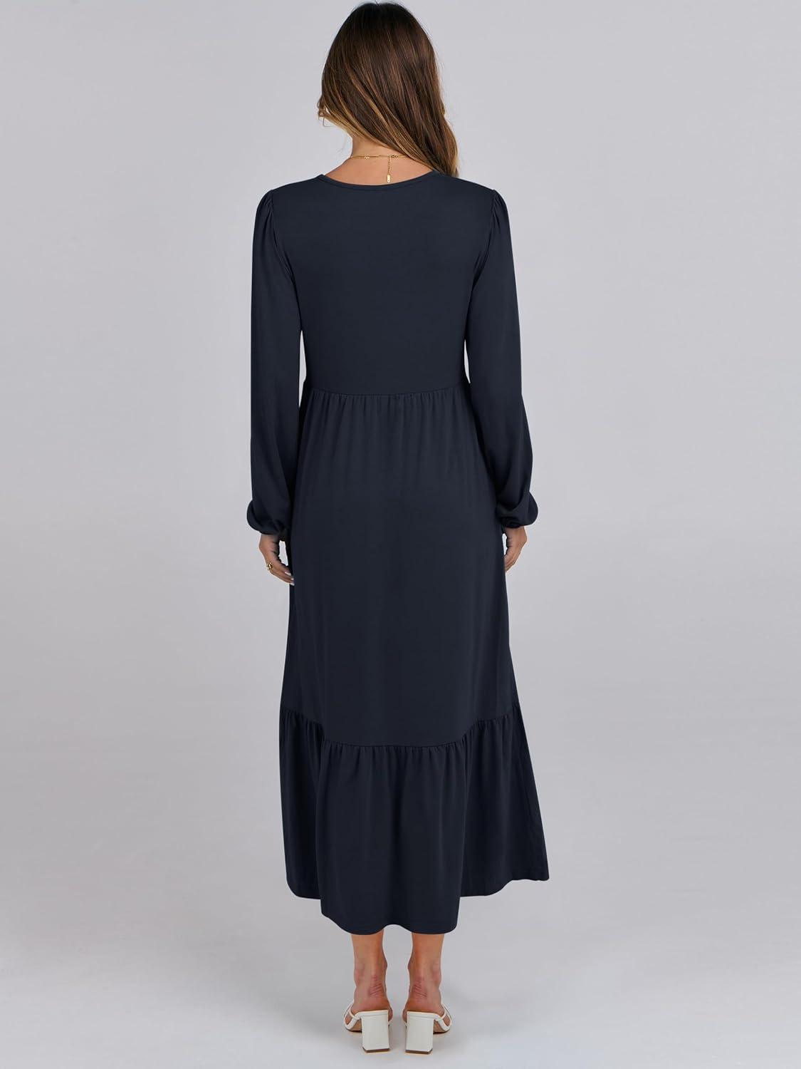 imageANRABESS Long Sleeve Midi Dresses for Women Casual 2025 Fall Crewneck A Line Tiered Flowy Loose Trendy Dresses with PocketsDark Navy Blue