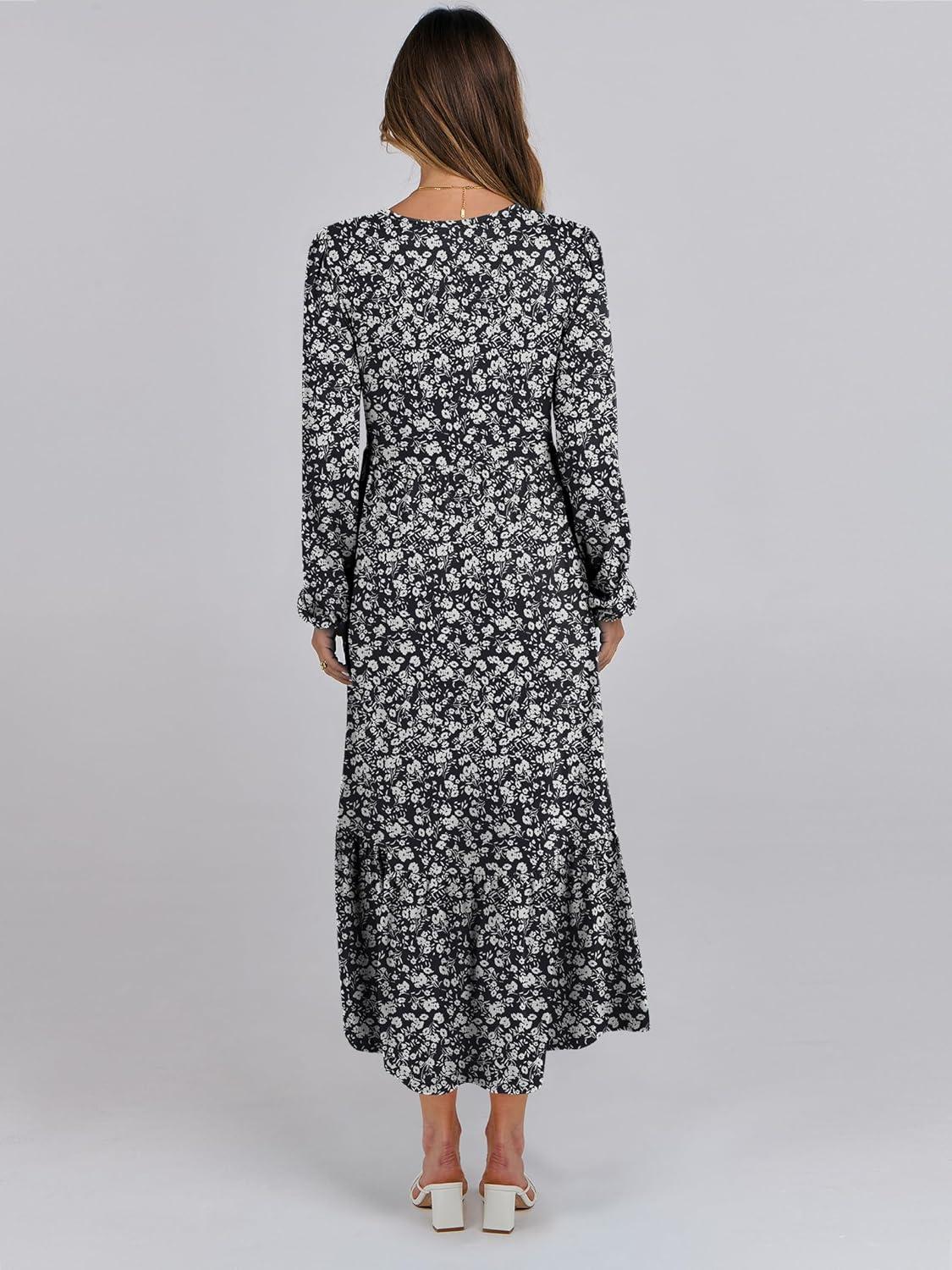 imageANRABESS Long Sleeve Midi Dresses for Women Casual 2025 Fall Crewneck A Line Tiered Flowy Loose Trendy Dresses with PocketsFloral Black