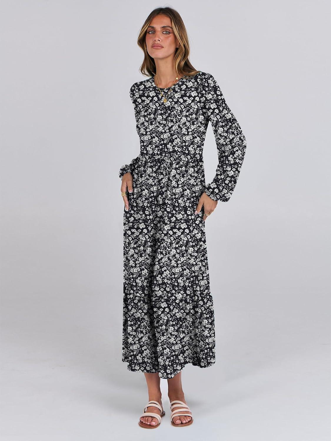 imageANRABESS Long Sleeve Midi Dresses for Women Casual 2025 Fall Crewneck A Line Tiered Flowy Loose Trendy Dresses with PocketsFloral Black