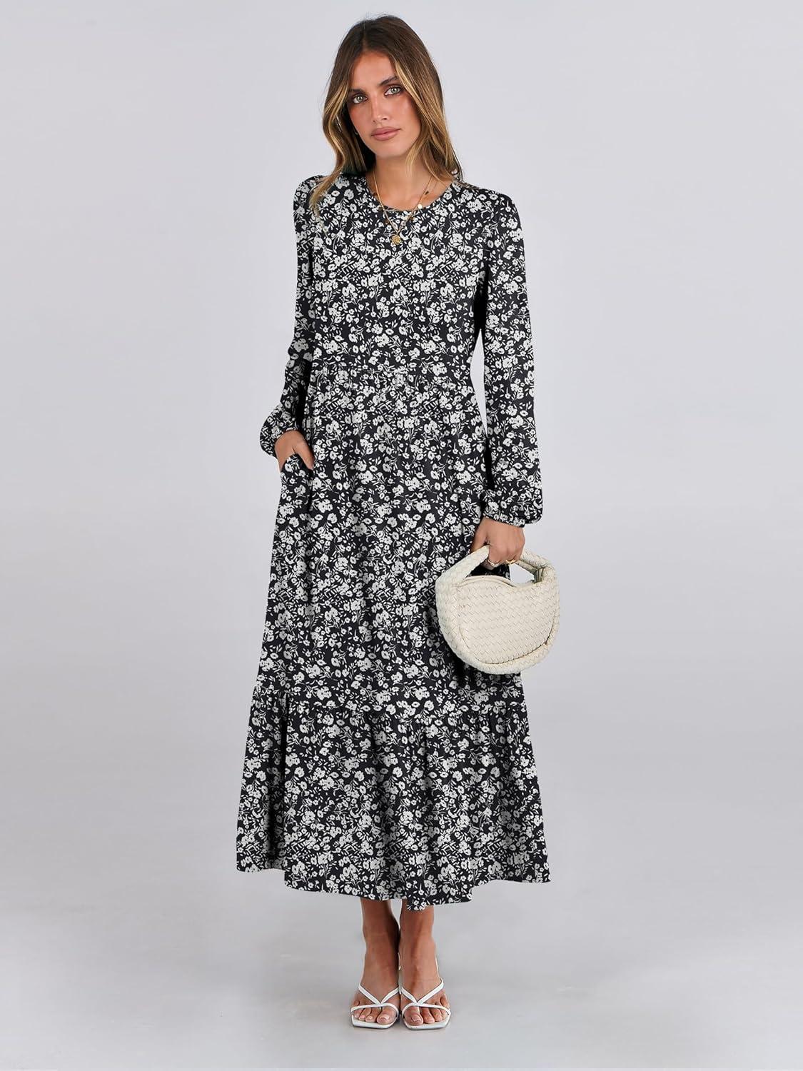 imageANRABESS Long Sleeve Midi Dresses for Women Casual 2025 Fall Crewneck A Line Tiered Flowy Loose Trendy Dresses with PocketsFloral Black