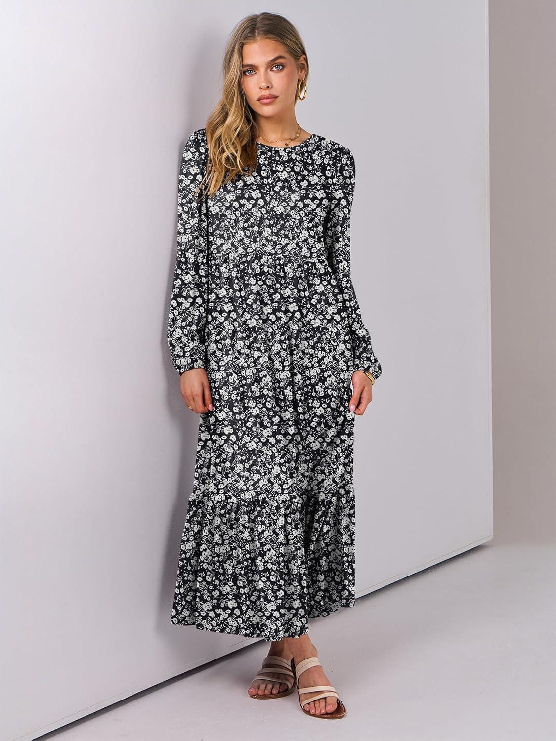 imageANRABESS Long Sleeve Midi Dresses for Women Casual 2025 Fall Crewneck A Line Tiered Flowy Loose Trendy Dresses with PocketsFloral Black