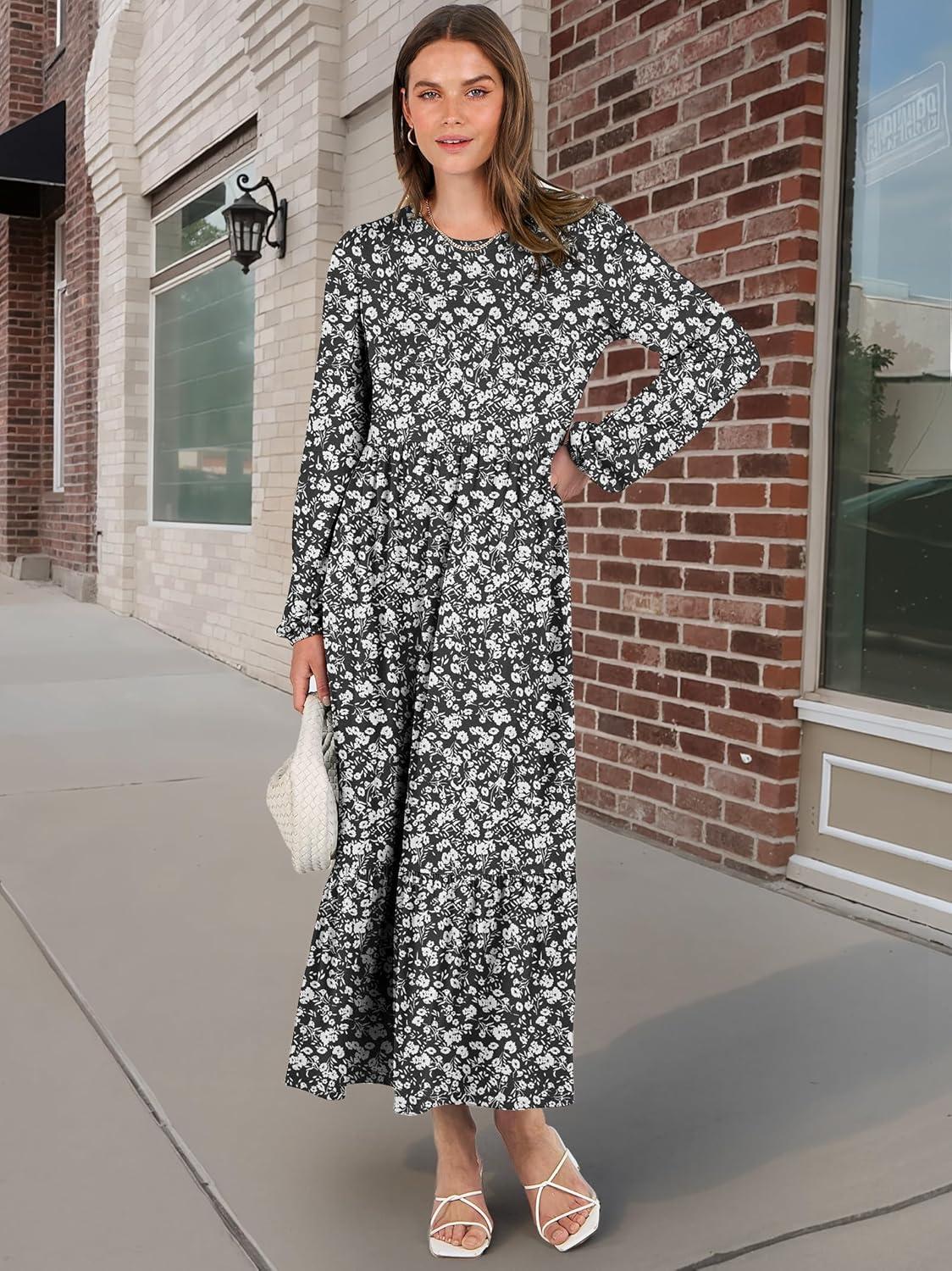 imageANRABESS Long Sleeve Midi Dresses for Women Casual 2025 Fall Crewneck A Line Tiered Flowy Loose Trendy Dresses with PocketsFloral Black