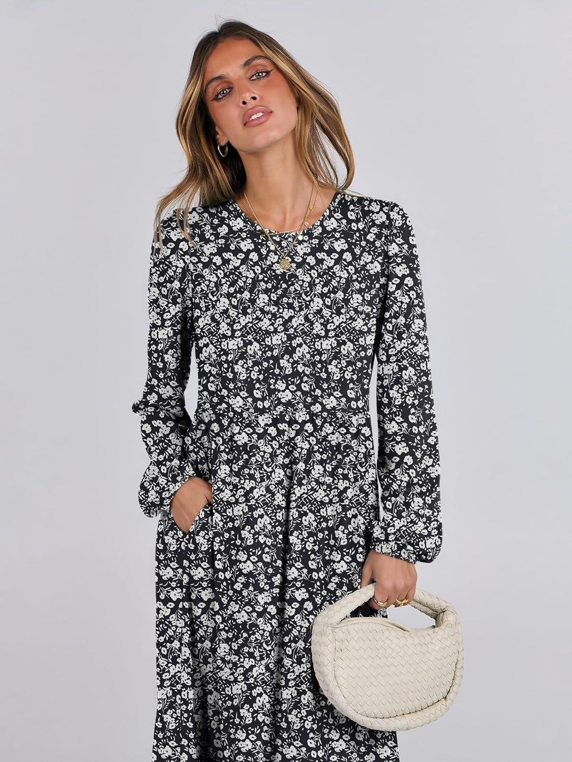 imageANRABESS Long Sleeve Midi Dresses for Women Casual 2025 Fall Crewneck A Line Tiered Flowy Loose Trendy Dresses with PocketsFloral Black