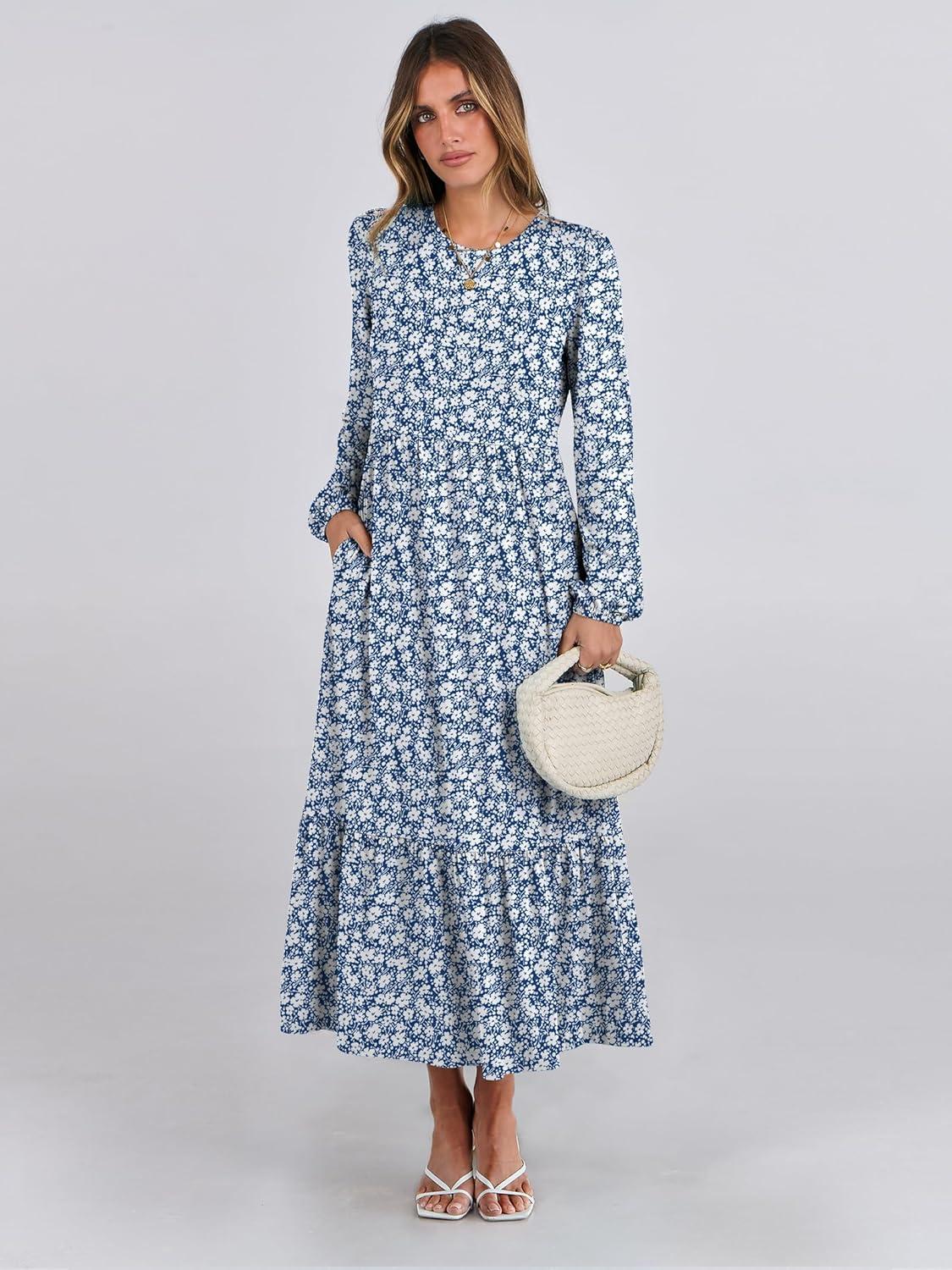 imageANRABESS Long Sleeve Midi Dresses for Women Casual 2025 Fall Crewneck A Line Tiered Flowy Loose Trendy Dresses with PocketsFloral Blue