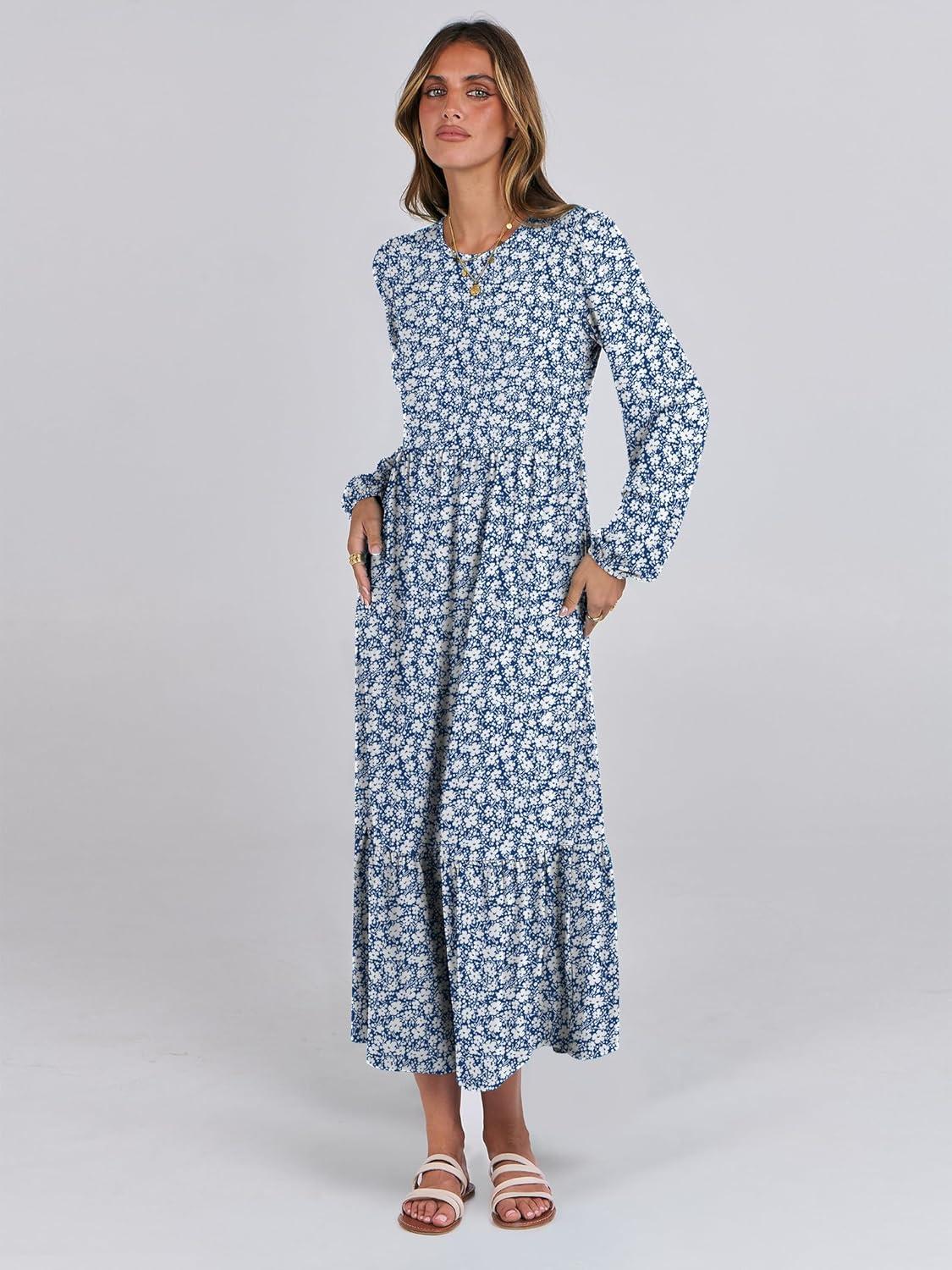 imageANRABESS Long Sleeve Midi Dresses for Women Casual 2025 Fall Crewneck A Line Tiered Flowy Loose Trendy Dresses with PocketsFloral Blue