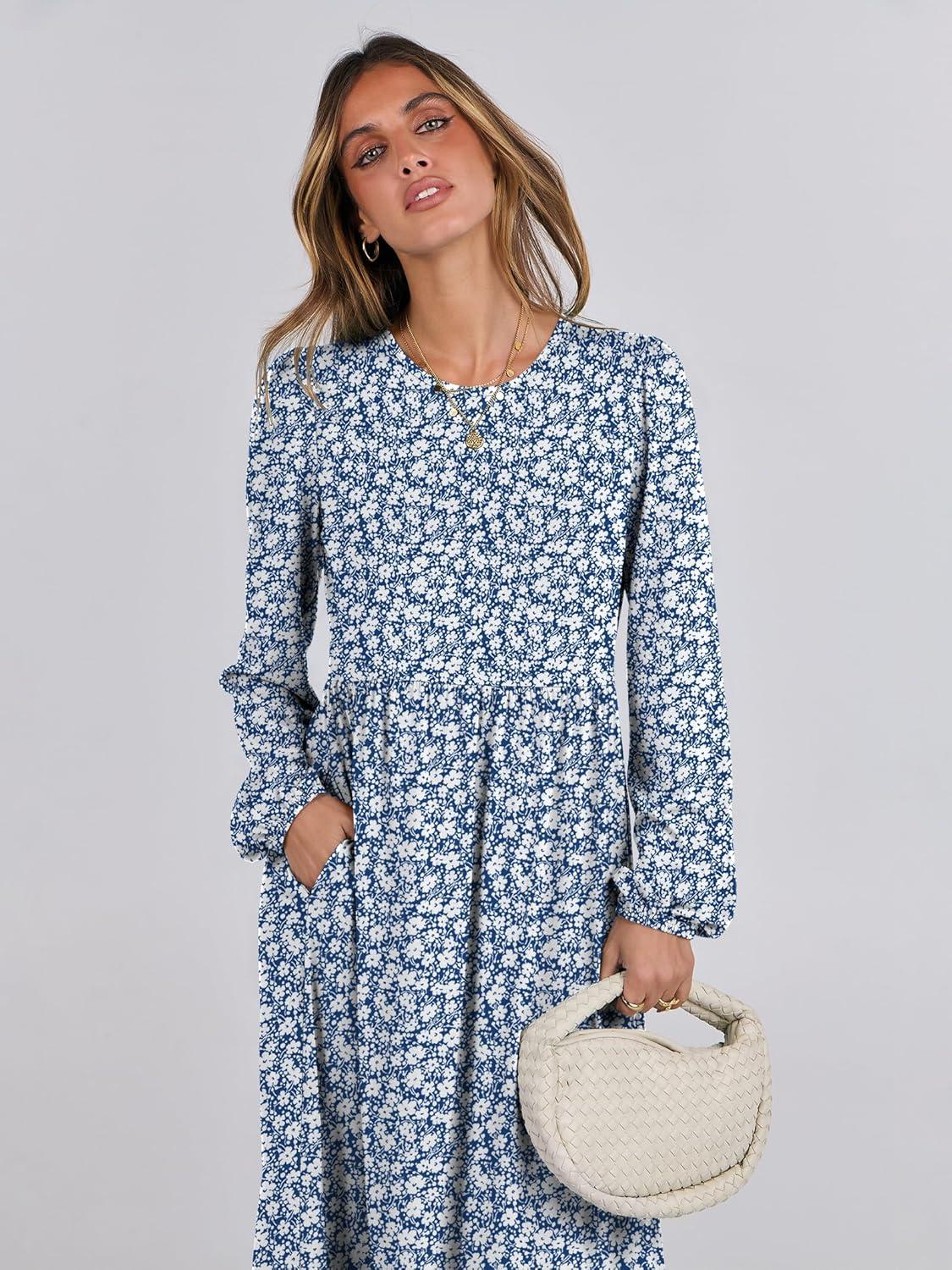 imageANRABESS Long Sleeve Midi Dresses for Women Casual 2025 Fall Crewneck A Line Tiered Flowy Loose Trendy Dresses with PocketsFloral Blue