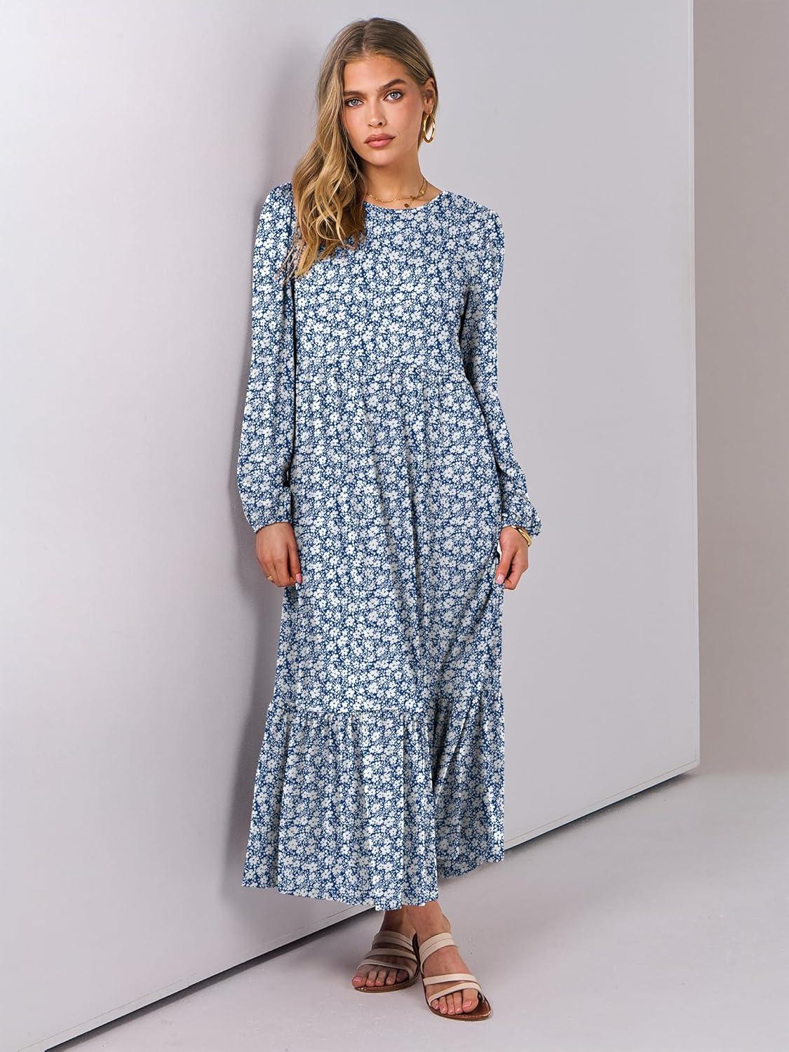 imageANRABESS Long Sleeve Midi Dresses for Women Casual 2025 Fall Crewneck A Line Tiered Flowy Loose Trendy Dresses with PocketsFloral Blue