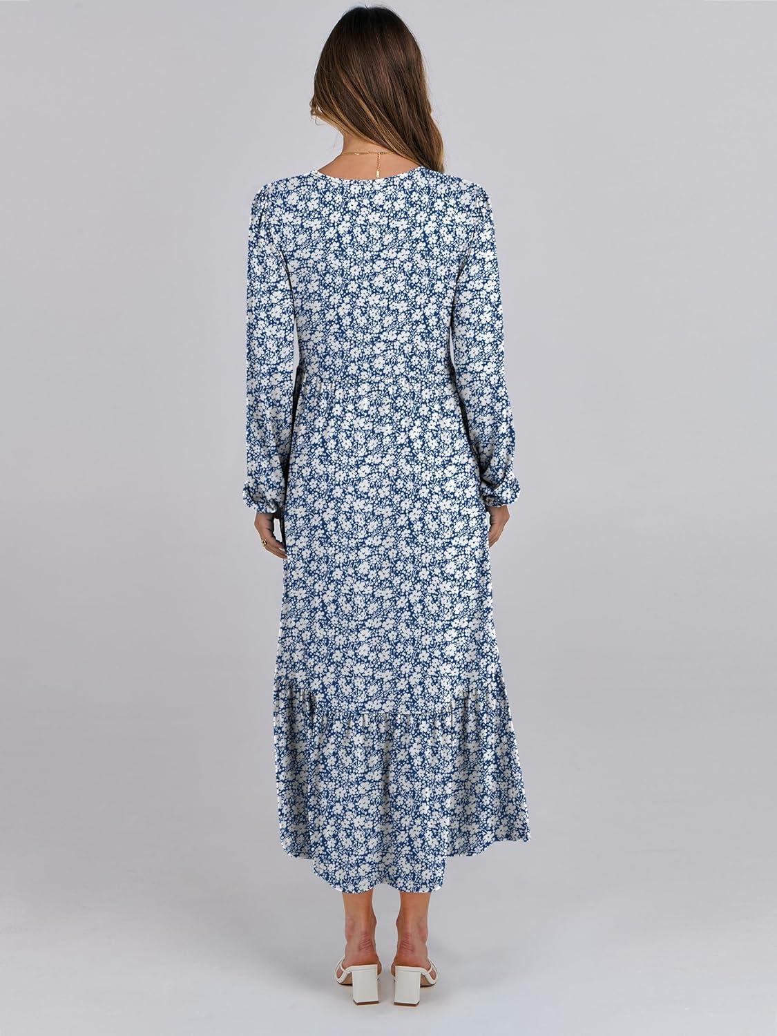 imageANRABESS Long Sleeve Midi Dresses for Women Casual 2025 Fall Crewneck A Line Tiered Flowy Loose Trendy Dresses with PocketsFloral Blue