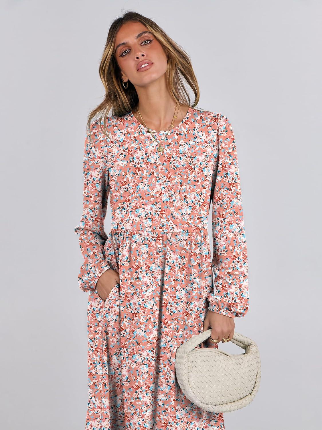 imageANRABESS Long Sleeve Midi Dresses for Women Casual 2025 Fall Crewneck A Line Tiered Flowy Loose Trendy Dresses with PocketsFloral Pink