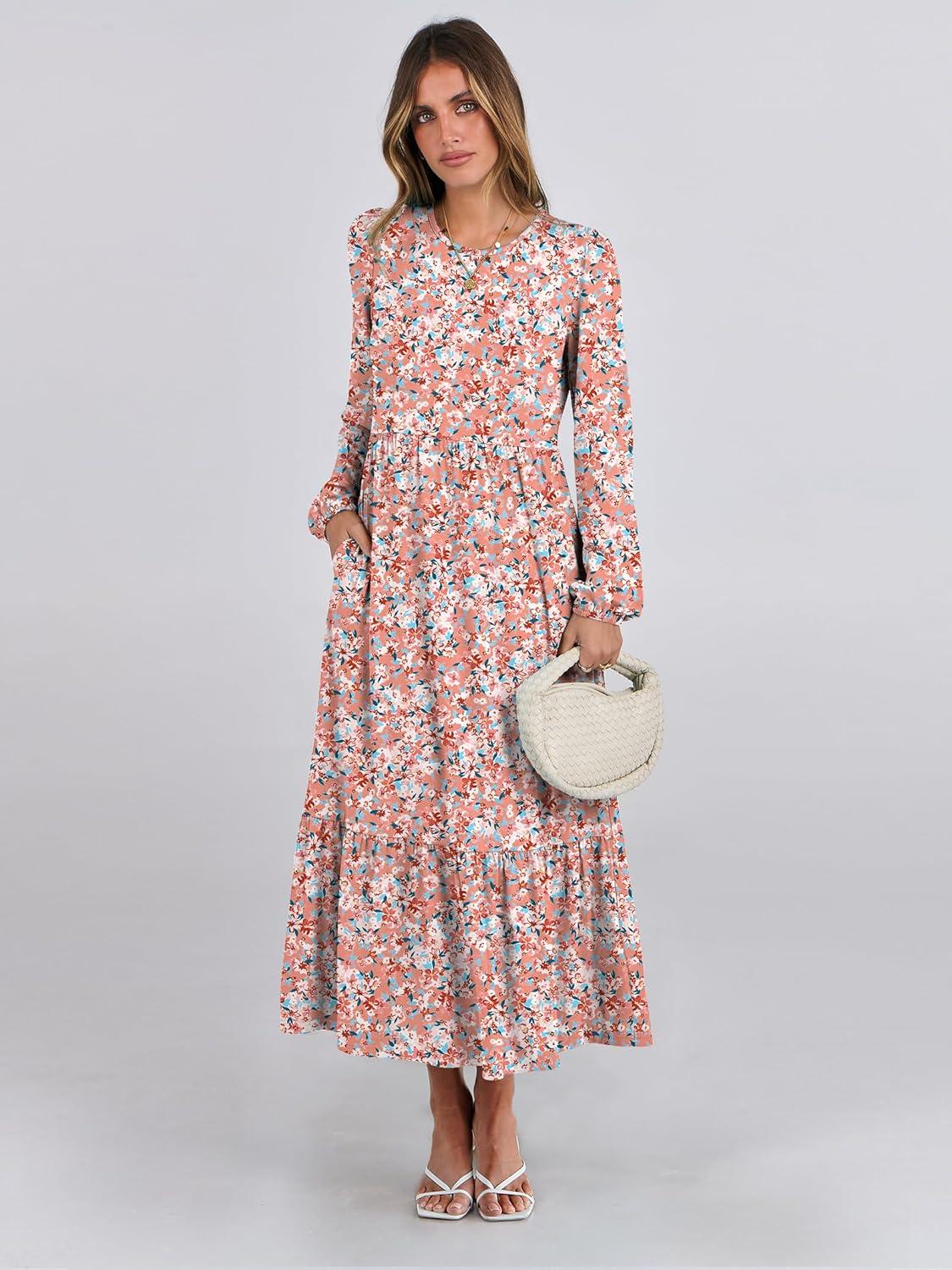 imageANRABESS Long Sleeve Midi Dresses for Women Casual 2025 Fall Crewneck A Line Tiered Flowy Loose Trendy Dresses with PocketsFloral Pink