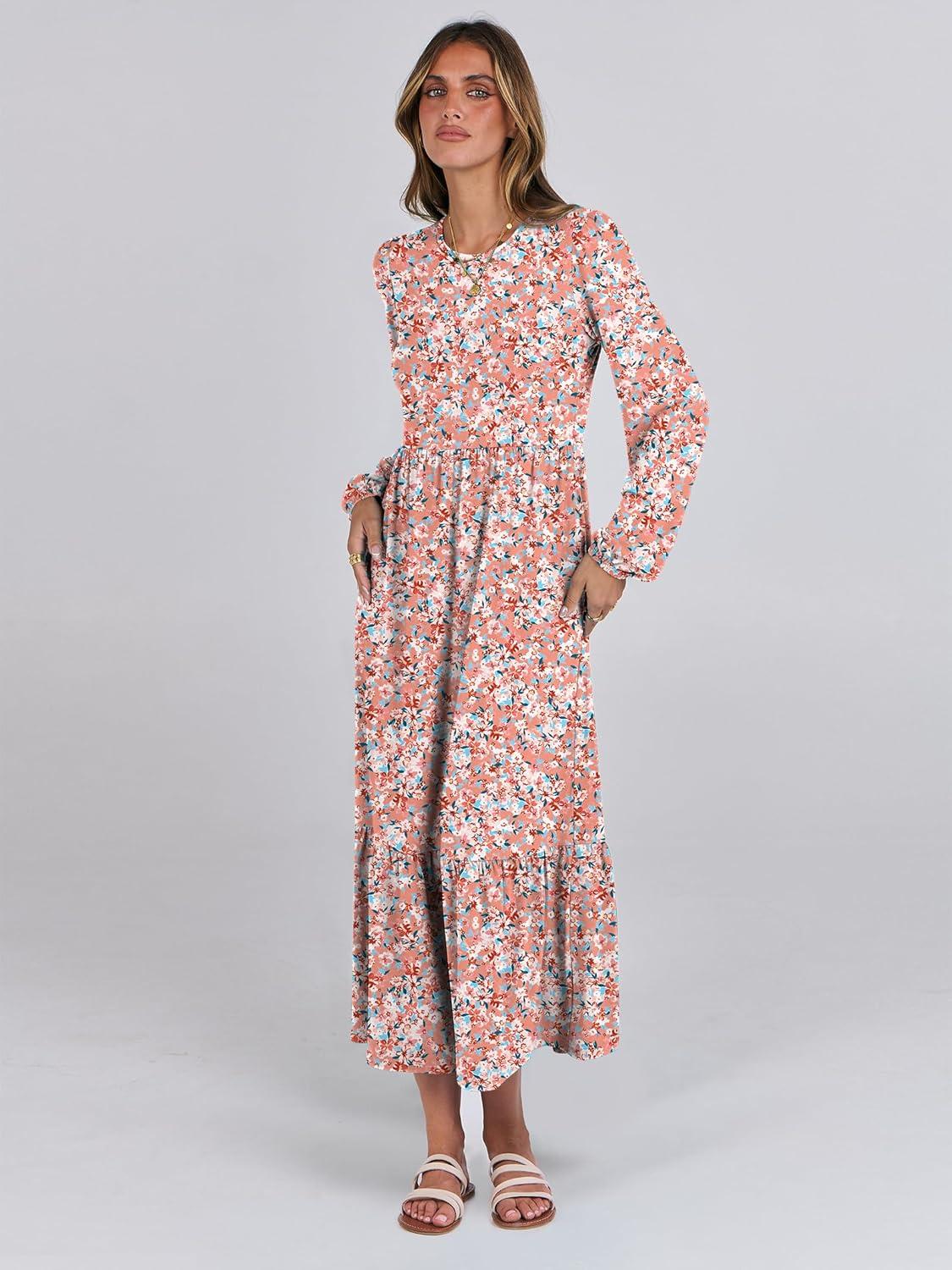 imageANRABESS Long Sleeve Midi Dresses for Women Casual 2025 Fall Crewneck A Line Tiered Flowy Loose Trendy Dresses with PocketsFloral Pink