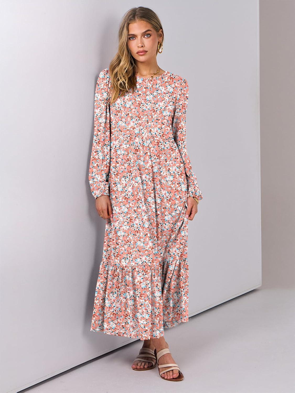 imageANRABESS Long Sleeve Midi Dresses for Women Casual 2025 Fall Crewneck A Line Tiered Flowy Loose Trendy Dresses with PocketsFloral Pink