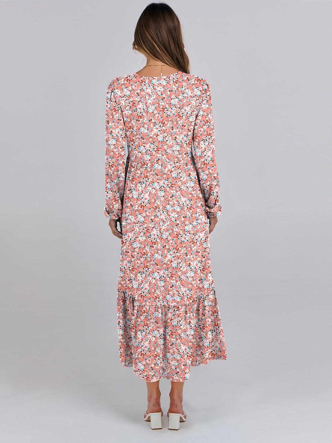 imageANRABESS Long Sleeve Midi Dresses for Women Casual 2025 Fall Crewneck A Line Tiered Flowy Loose Trendy Dresses with PocketsFloral Pink