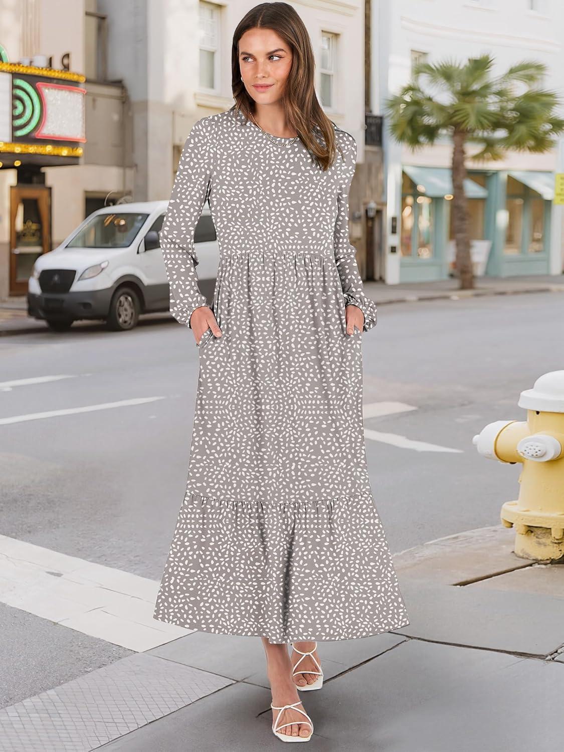 imageANRABESS Long Sleeve Midi Dresses for Women Casual 2025 Fall Crewneck A Line Tiered Flowy Loose Trendy Dresses with PocketsGray With White Polka Dot