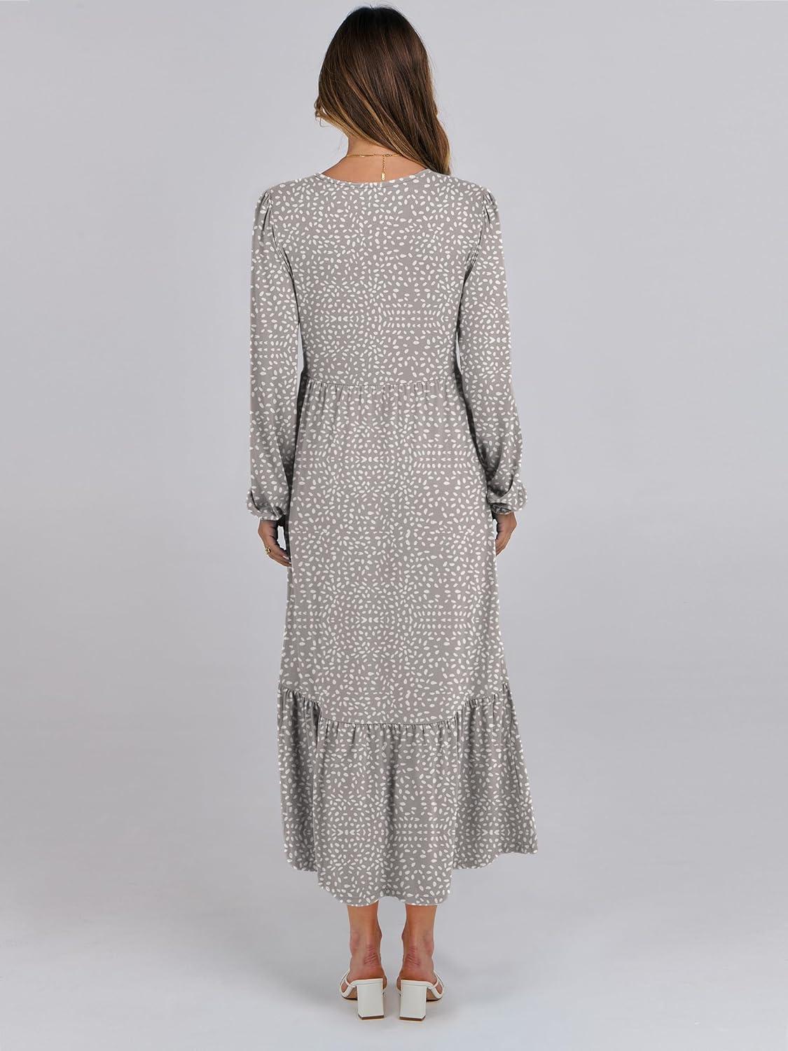 imageANRABESS Long Sleeve Midi Dresses for Women Casual 2025 Fall Crewneck A Line Tiered Flowy Loose Trendy Dresses with PocketsGray With White Polka Dot