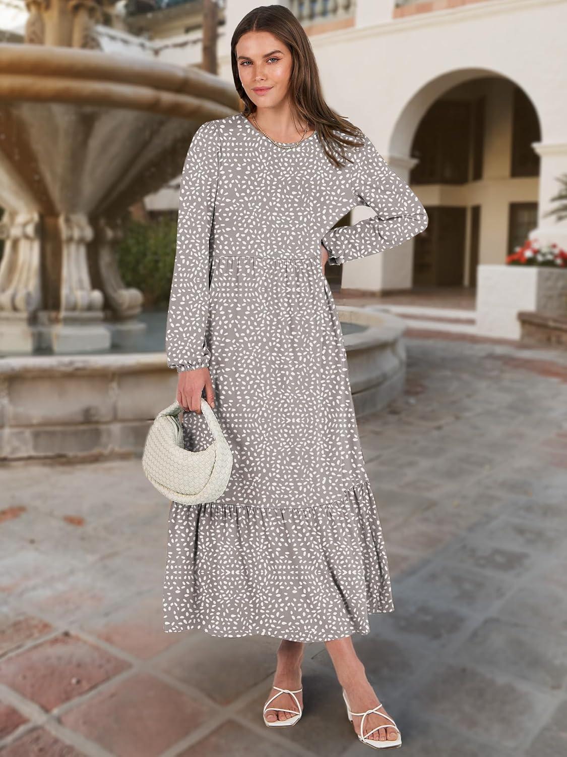imageANRABESS Long Sleeve Midi Dresses for Women Casual 2025 Fall Crewneck A Line Tiered Flowy Loose Trendy Dresses with PocketsGray With White Polka Dot