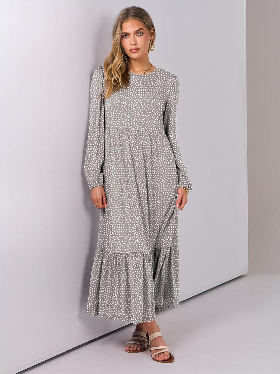 imageANRABESS Long Sleeve Midi Dresses for Women Casual 2025 Fall Crewneck A Line Tiered Flowy Loose Trendy Dresses with PocketsGray With White Polka Dot
