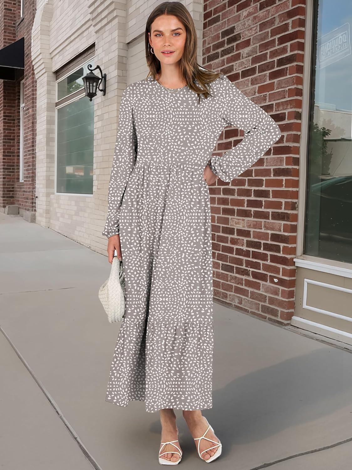 imageANRABESS Long Sleeve Midi Dresses for Women Casual 2025 Fall Crewneck A Line Tiered Flowy Loose Trendy Dresses with PocketsGray With White Polka Dot