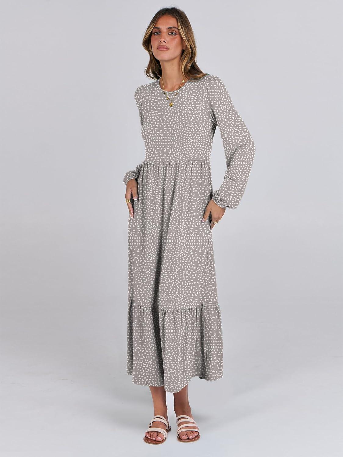 imageANRABESS Long Sleeve Midi Dresses for Women Casual 2025 Fall Crewneck A Line Tiered Flowy Loose Trendy Dresses with PocketsGray With White Polka Dot