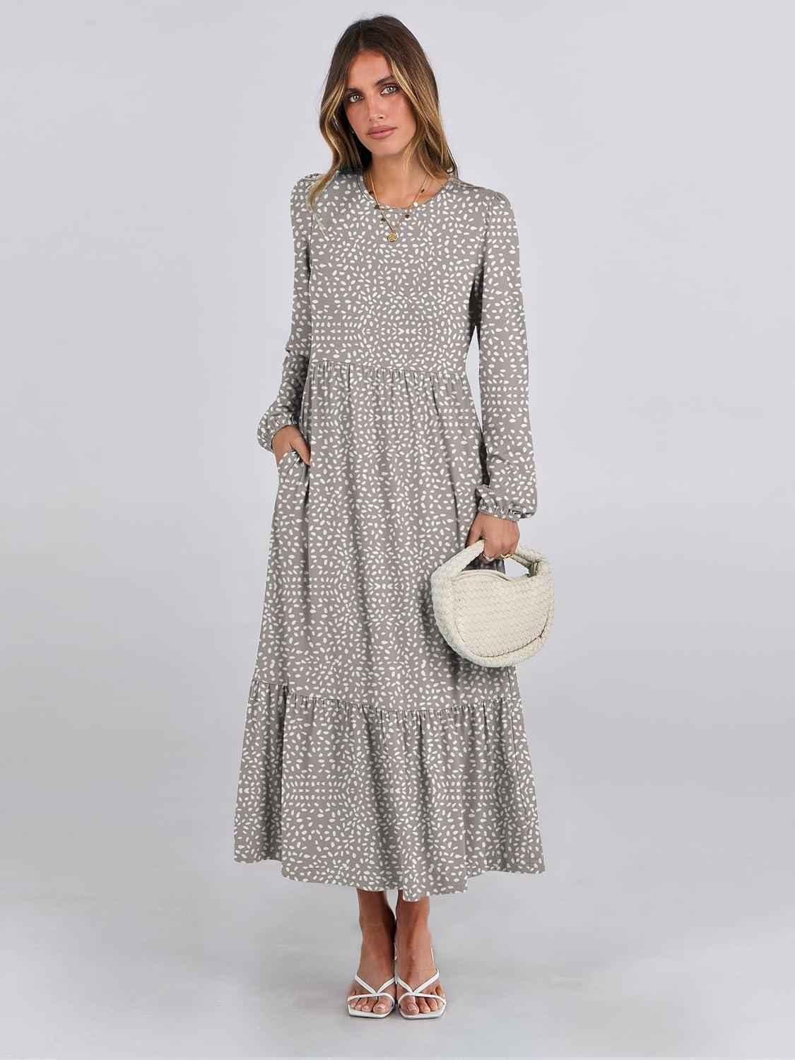 imageANRABESS Long Sleeve Midi Dresses for Women Casual 2025 Fall Crewneck A Line Tiered Flowy Loose Trendy Dresses with PocketsGray With White Polka Dot