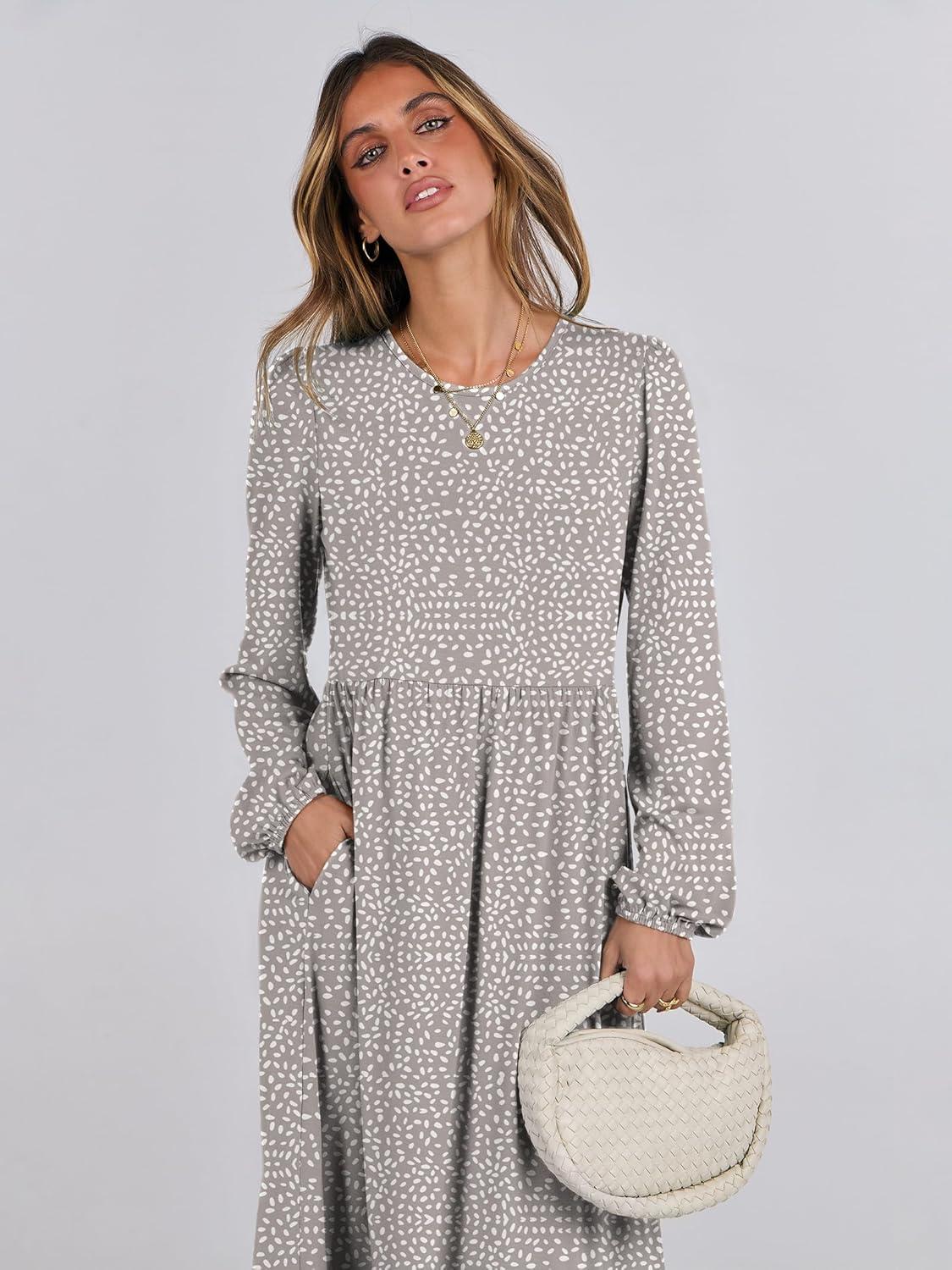 imageANRABESS Long Sleeve Midi Dresses for Women Casual 2025 Fall Crewneck A Line Tiered Flowy Loose Trendy Dresses with PocketsGray With White Polka Dot