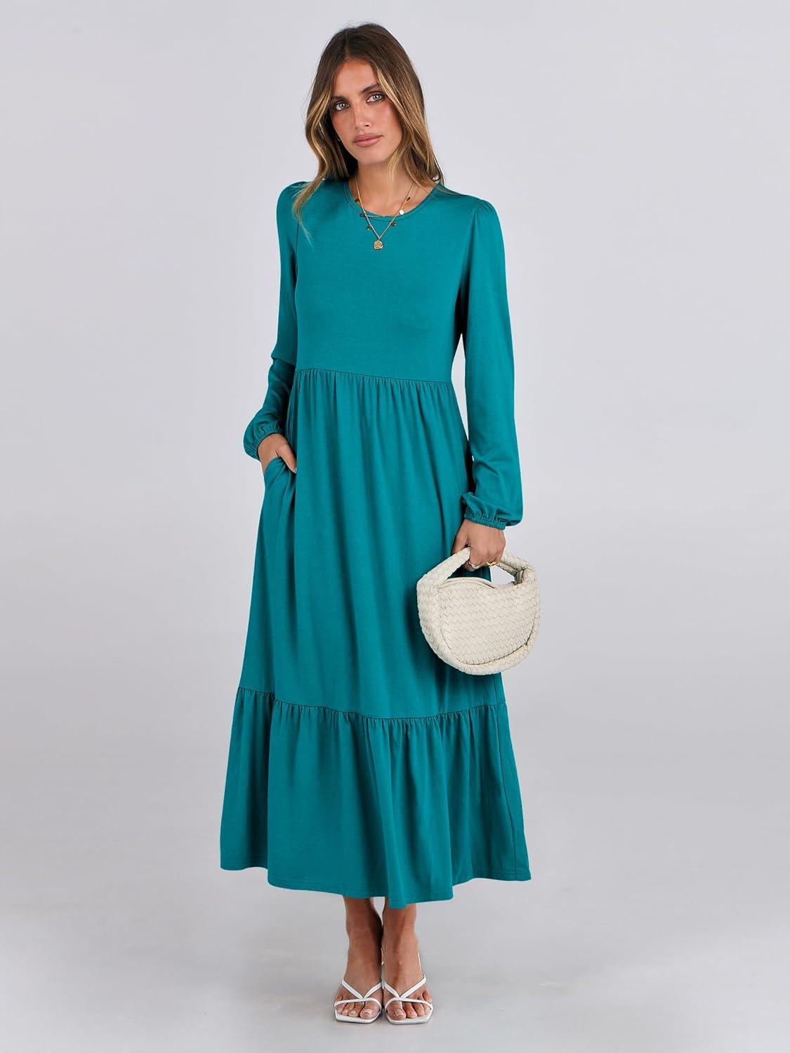 imageANRABESS Long Sleeve Midi Dresses for Women Casual 2025 Fall Crewneck A Line Tiered Flowy Loose Trendy Dresses with PocketsLake Green