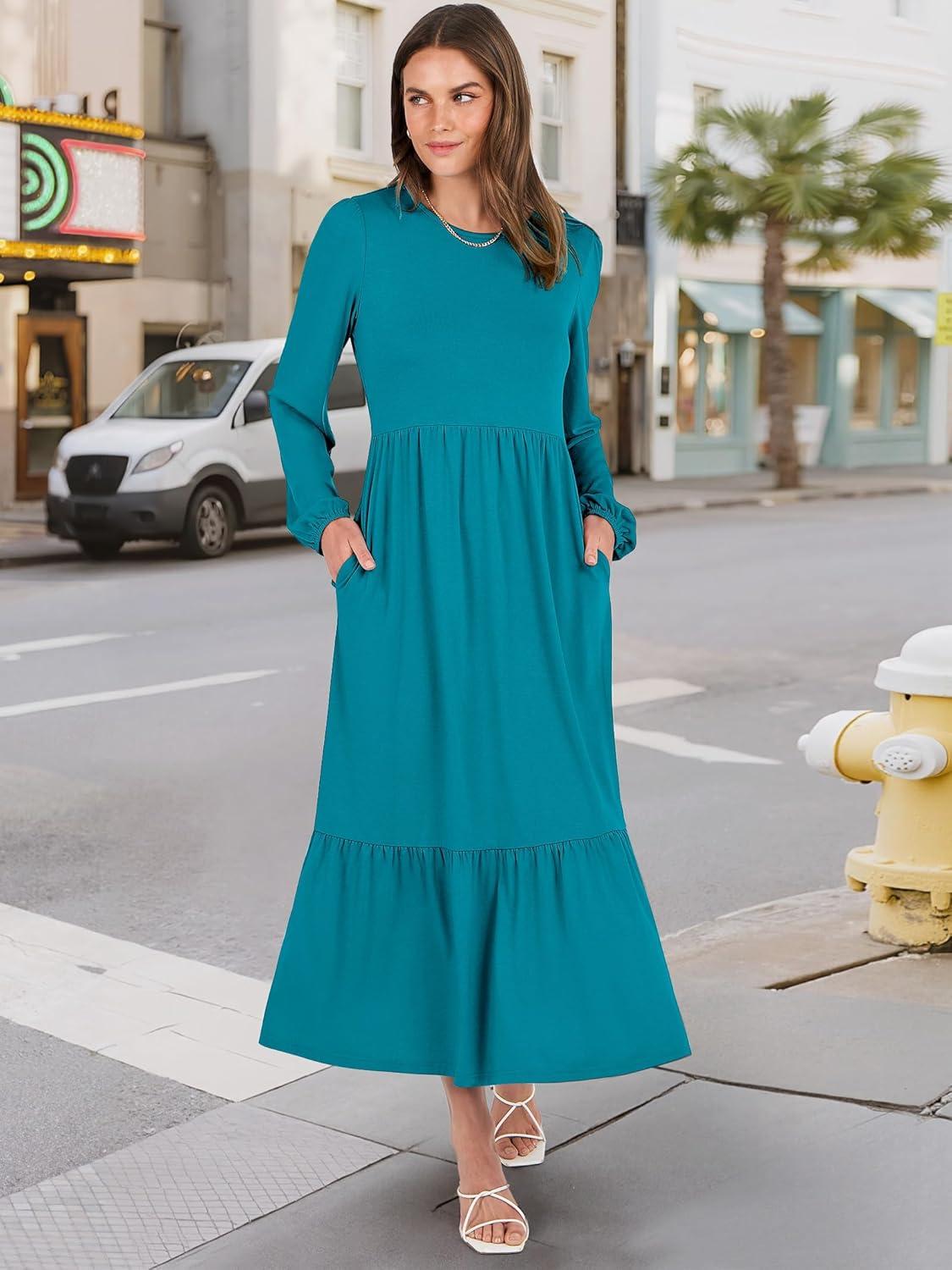 imageANRABESS Long Sleeve Midi Dresses for Women Casual 2025 Fall Crewneck A Line Tiered Flowy Loose Trendy Dresses with PocketsLake Green