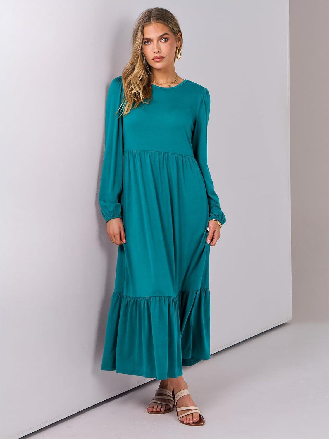 imageANRABESS Long Sleeve Midi Dresses for Women Casual 2025 Fall Crewneck A Line Tiered Flowy Loose Trendy Dresses with PocketsLake Green