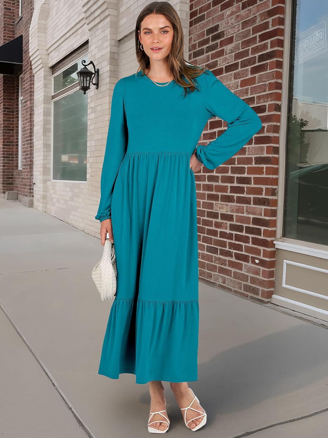 imageANRABESS Long Sleeve Midi Dresses for Women Casual 2025 Fall Crewneck A Line Tiered Flowy Loose Trendy Dresses with PocketsLake Green