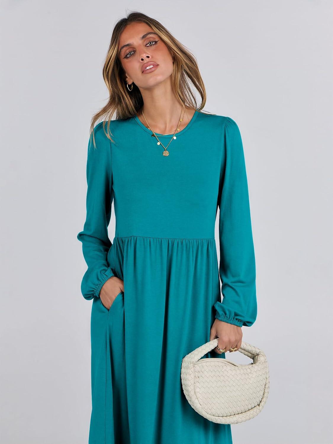 imageANRABESS Long Sleeve Midi Dresses for Women Casual 2025 Fall Crewneck A Line Tiered Flowy Loose Trendy Dresses with PocketsLake Green