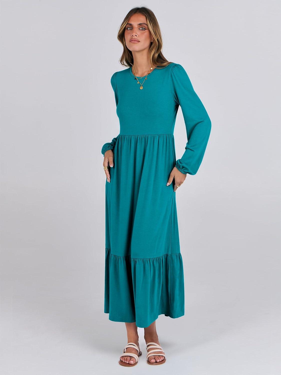 imageANRABESS Long Sleeve Midi Dresses for Women Casual 2025 Fall Crewneck A Line Tiered Flowy Loose Trendy Dresses with PocketsLake Green