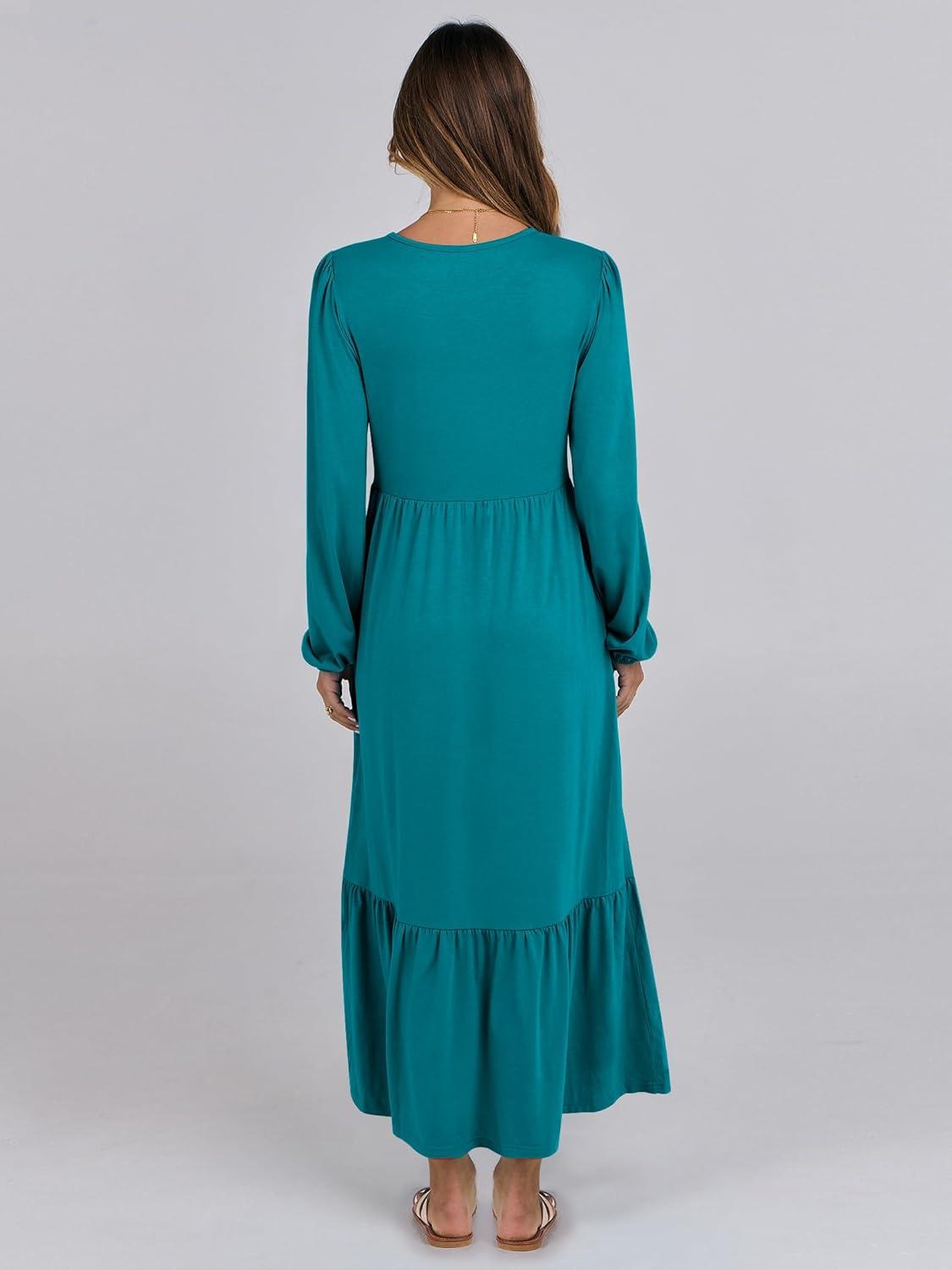 imageANRABESS Long Sleeve Midi Dresses for Women Casual 2025 Fall Crewneck A Line Tiered Flowy Loose Trendy Dresses with PocketsLake Green