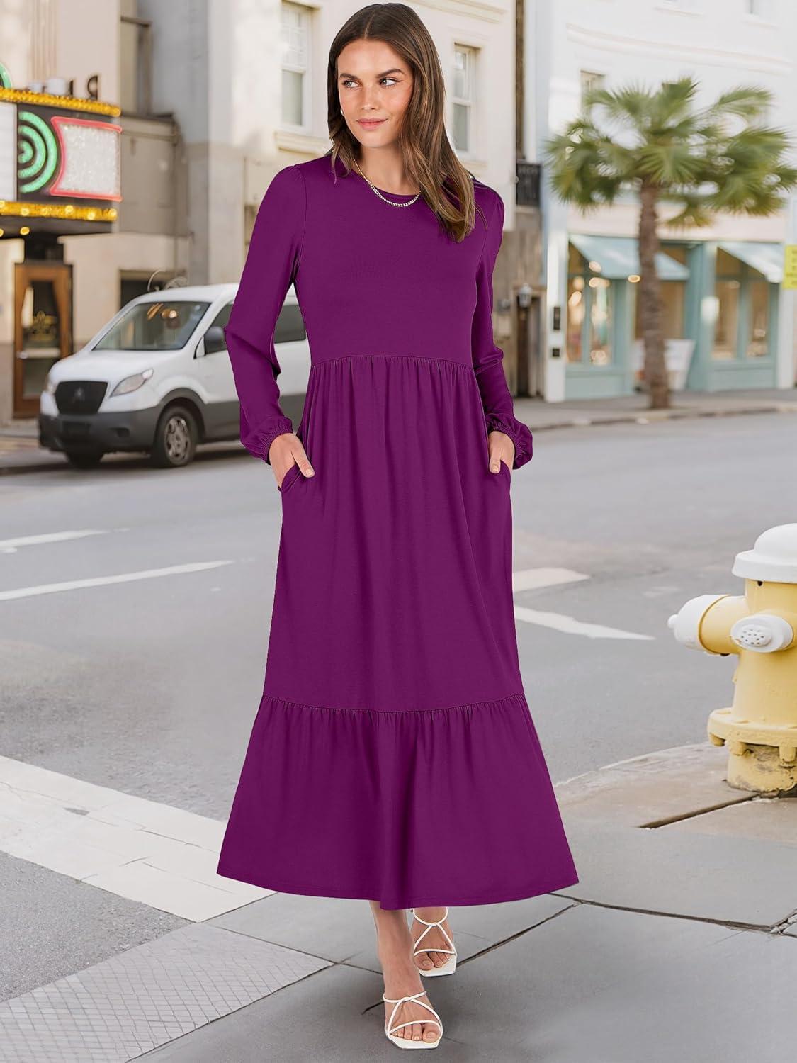 imageANRABESS Long Sleeve Midi Dresses for Women Casual 2025 Fall Crewneck A Line Tiered Flowy Loose Trendy Dresses with PocketsPurple