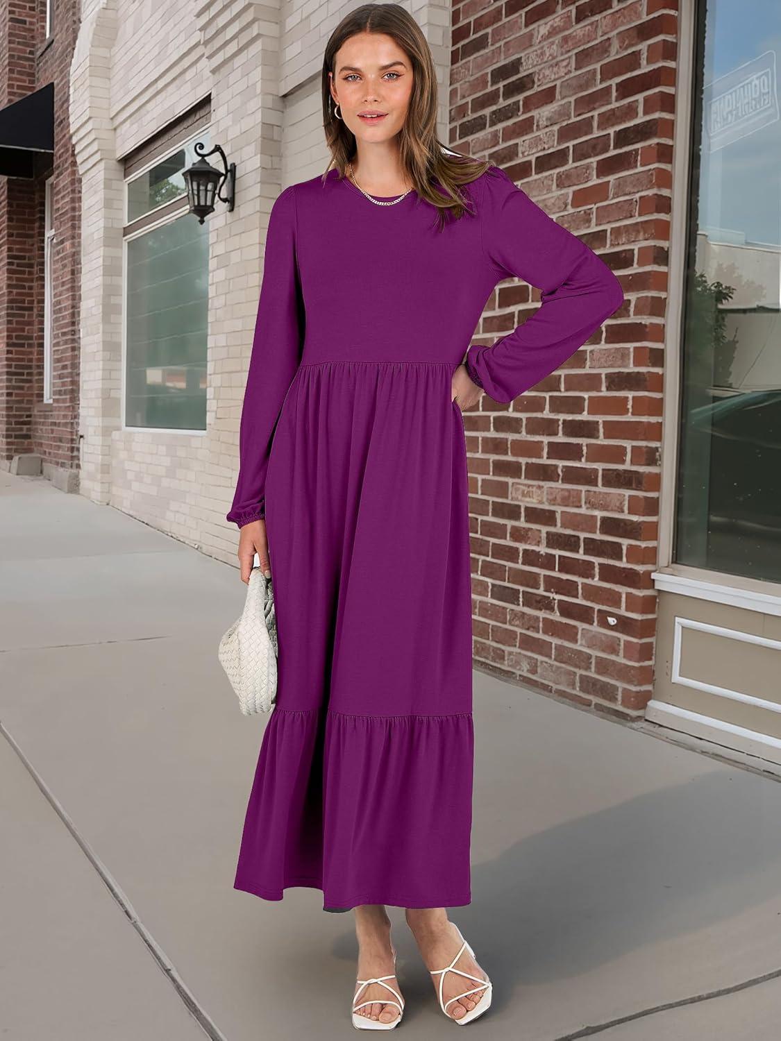 imageANRABESS Long Sleeve Midi Dresses for Women Casual 2025 Fall Crewneck A Line Tiered Flowy Loose Trendy Dresses with PocketsPurple