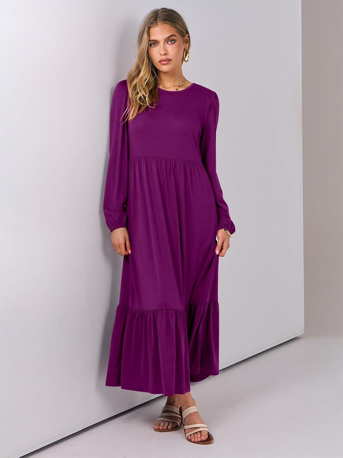 imageANRABESS Long Sleeve Midi Dresses for Women Casual 2025 Fall Crewneck A Line Tiered Flowy Loose Trendy Dresses with PocketsPurple