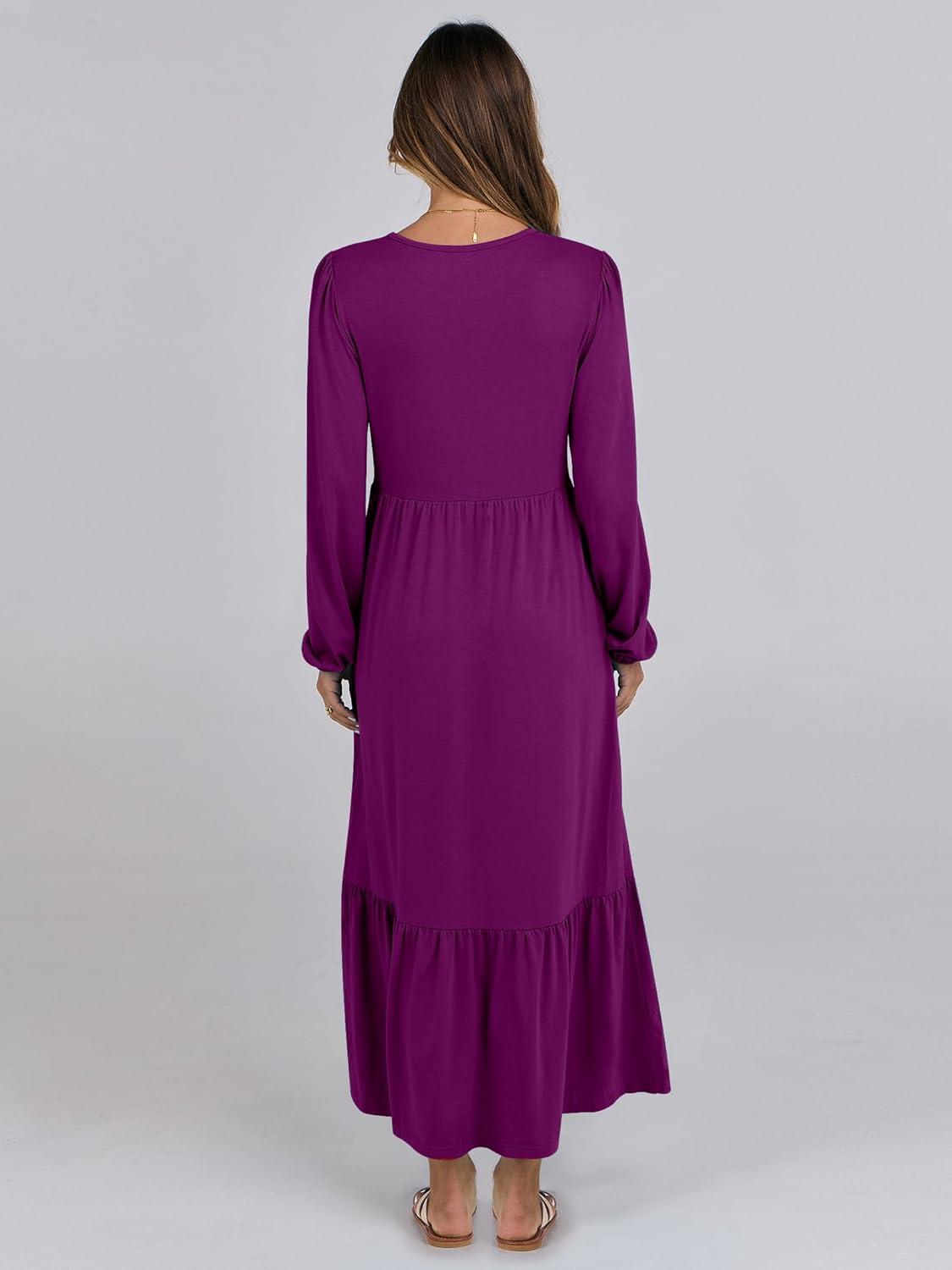 imageANRABESS Long Sleeve Midi Dresses for Women Casual 2025 Fall Crewneck A Line Tiered Flowy Loose Trendy Dresses with PocketsPurple