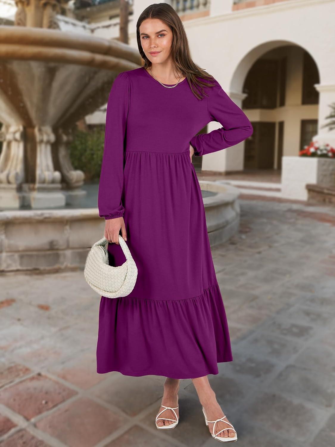 imageANRABESS Long Sleeve Midi Dresses for Women Casual 2025 Fall Crewneck A Line Tiered Flowy Loose Trendy Dresses with PocketsPurple