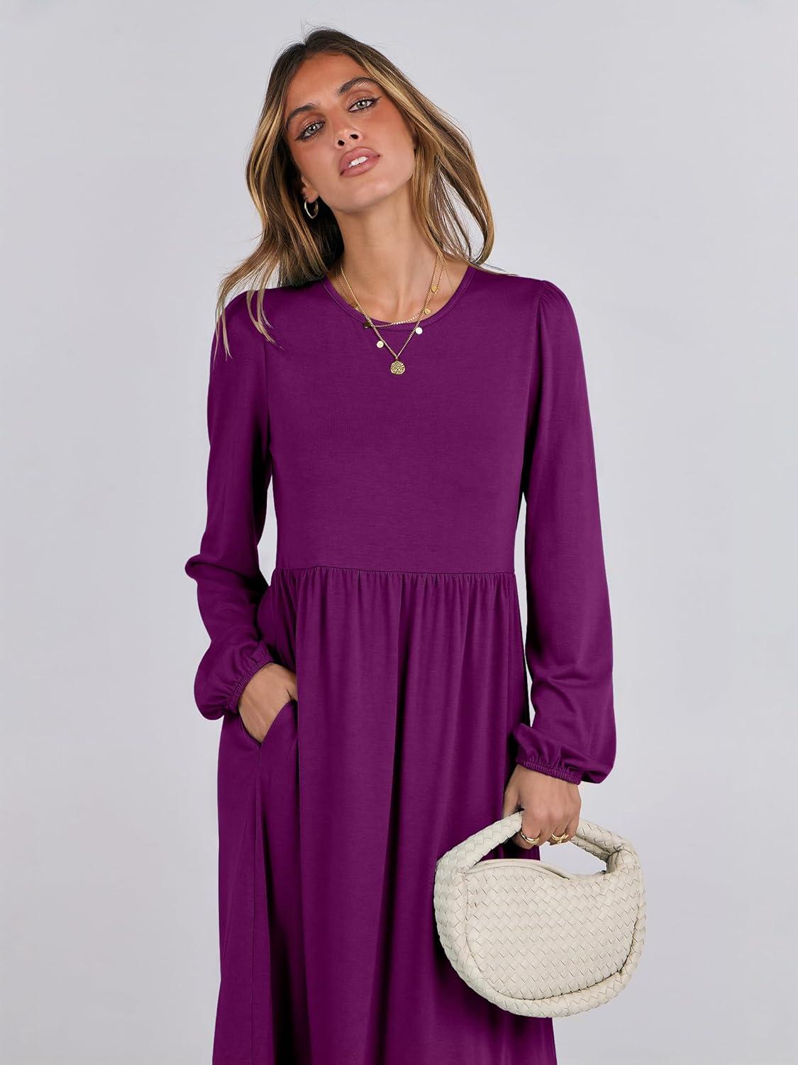imageANRABESS Long Sleeve Midi Dresses for Women Casual 2025 Fall Crewneck A Line Tiered Flowy Loose Trendy Dresses with PocketsPurple