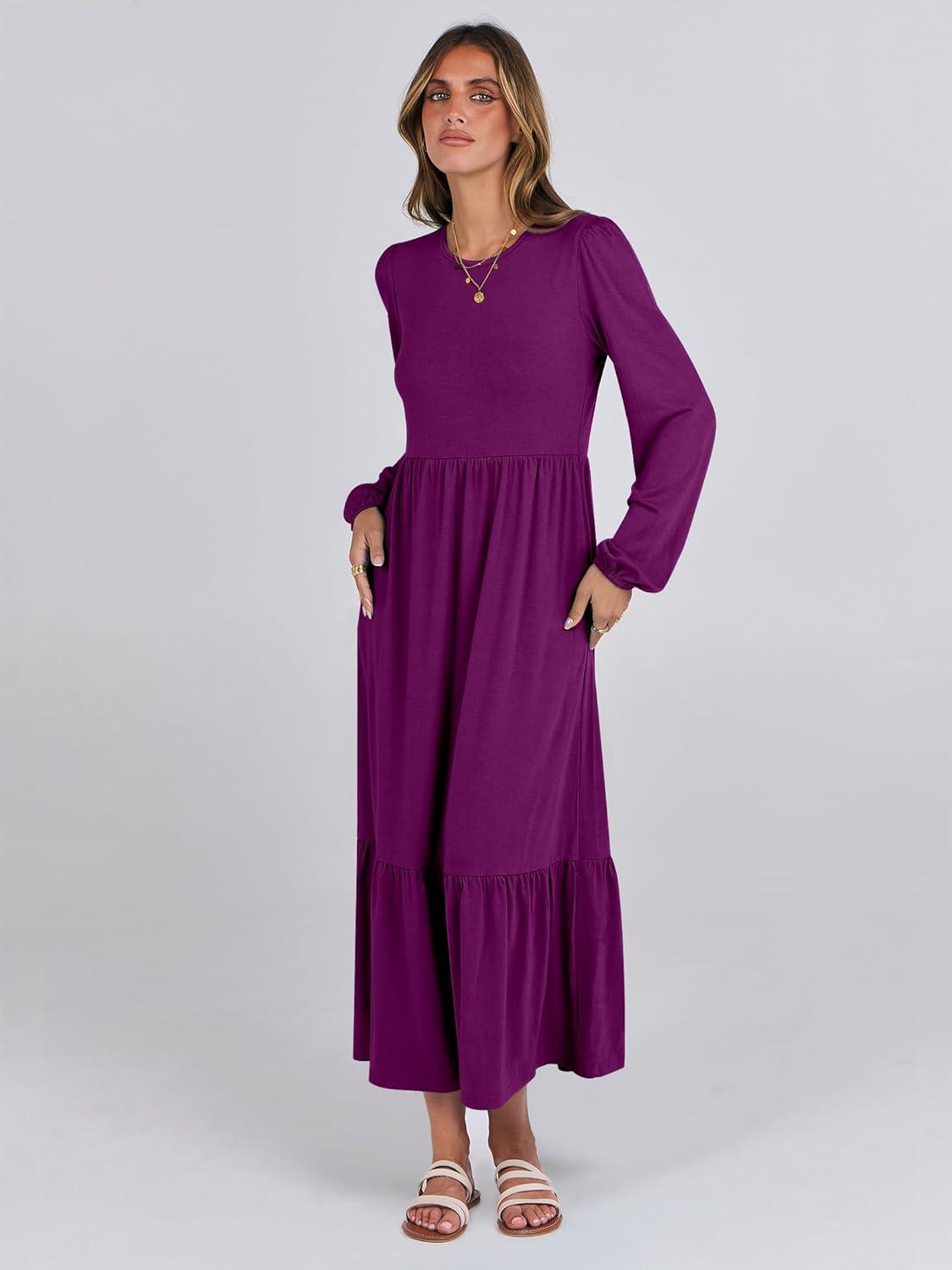 imageANRABESS Long Sleeve Midi Dresses for Women Casual 2025 Fall Crewneck A Line Tiered Flowy Loose Trendy Dresses with PocketsPurple