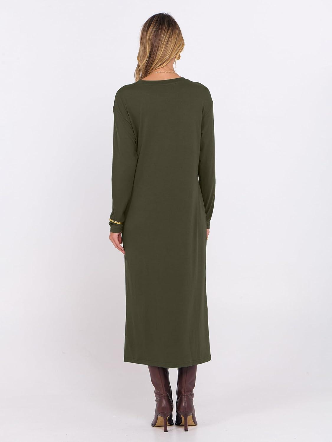 imageANRABESS Long Sleeve Midi Dresses for Women Fall Fashion Casual Vacation Crewneck Loose Split Striped Long Tshirts DressArmy Green