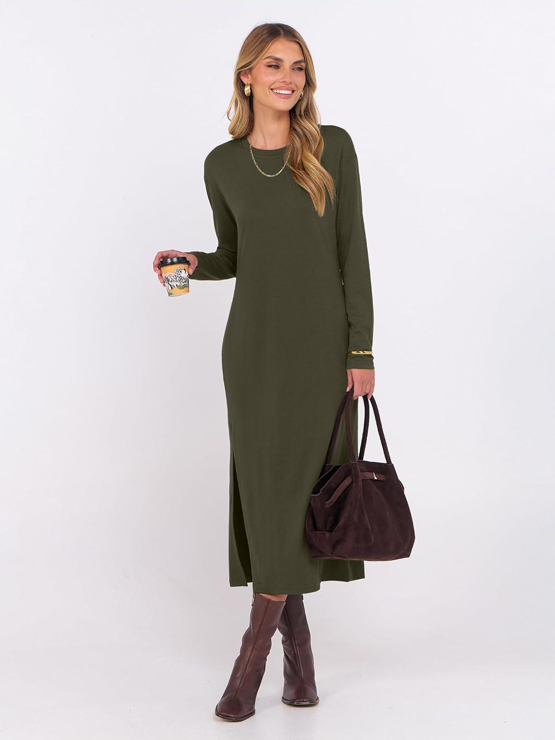 imageANRABESS Long Sleeve Midi Dresses for Women Fall Fashion Casual Vacation Crewneck Loose Split Striped Long Tshirts DressArmy Green
