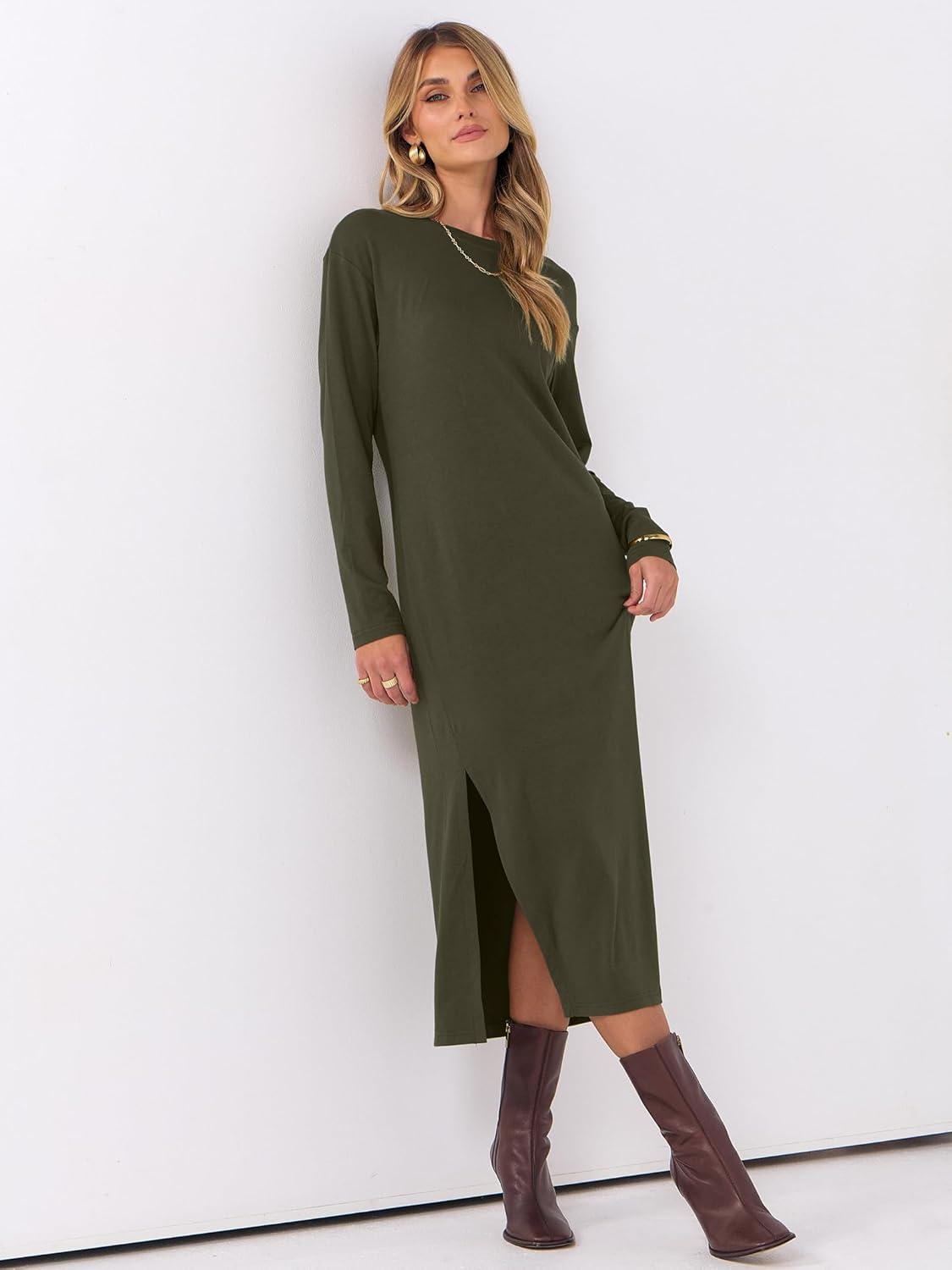 imageANRABESS Long Sleeve Midi Dresses for Women Fall Fashion Casual Vacation Crewneck Loose Split Striped Long Tshirts DressArmy Green