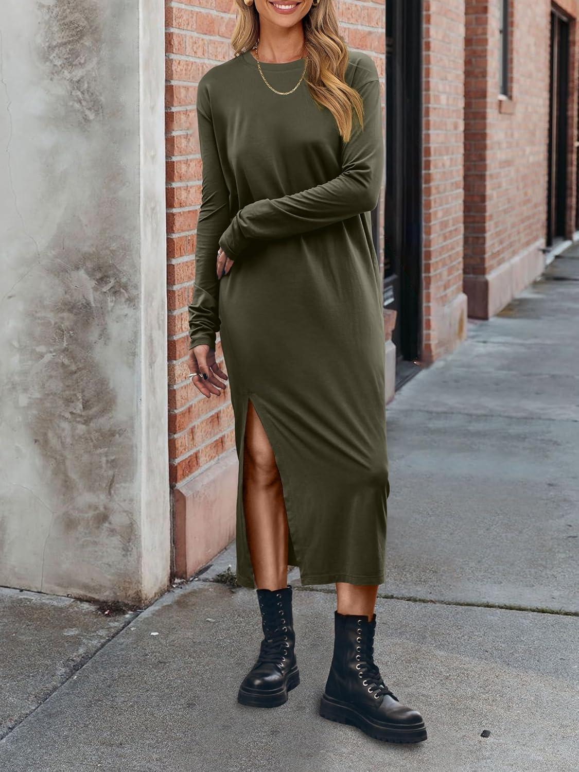 imageANRABESS Long Sleeve Midi Dresses for Women Fall Fashion Casual Vacation Crewneck Loose Split Striped Long Tshirts DressArmy Green