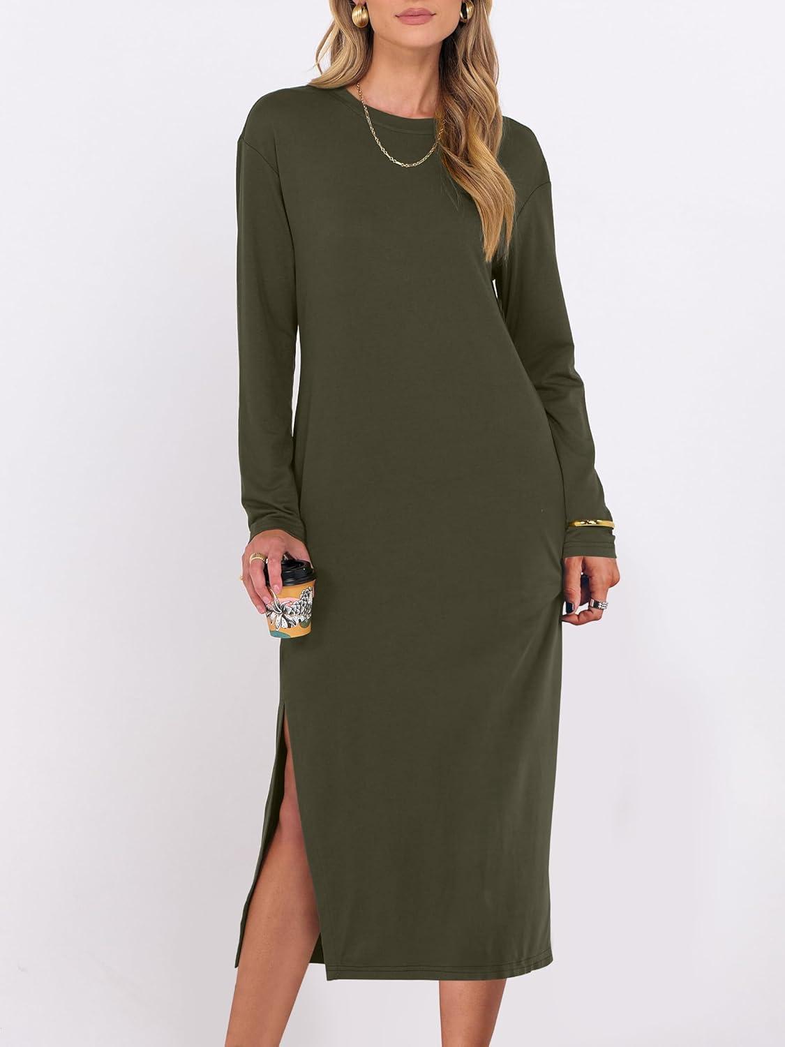 imageANRABESS Long Sleeve Midi Dresses for Women Fall Fashion Casual Vacation Crewneck Loose Split Striped Long Tshirts DressArmy Green