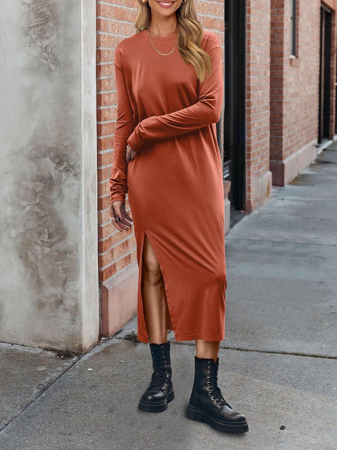 imageANRABESS Long Sleeve Midi Dresses for Women Fall Fashion Casual Vacation Crewneck Loose Split Striped Long Tshirts DressBrick Orange